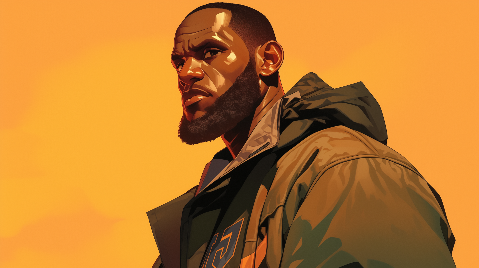A striking HD wallpaper featuring LeBron James, showcasing his intense gaze against a vibrant orange background, capturing the essence of basketball and NBA greatness.