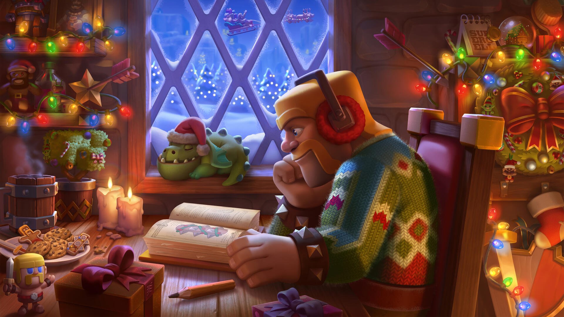 A cozy scene featuring a Clash of Clans character in a festive sweater, listening to music while reading by a window adorned with Christmas lights and snow outside.