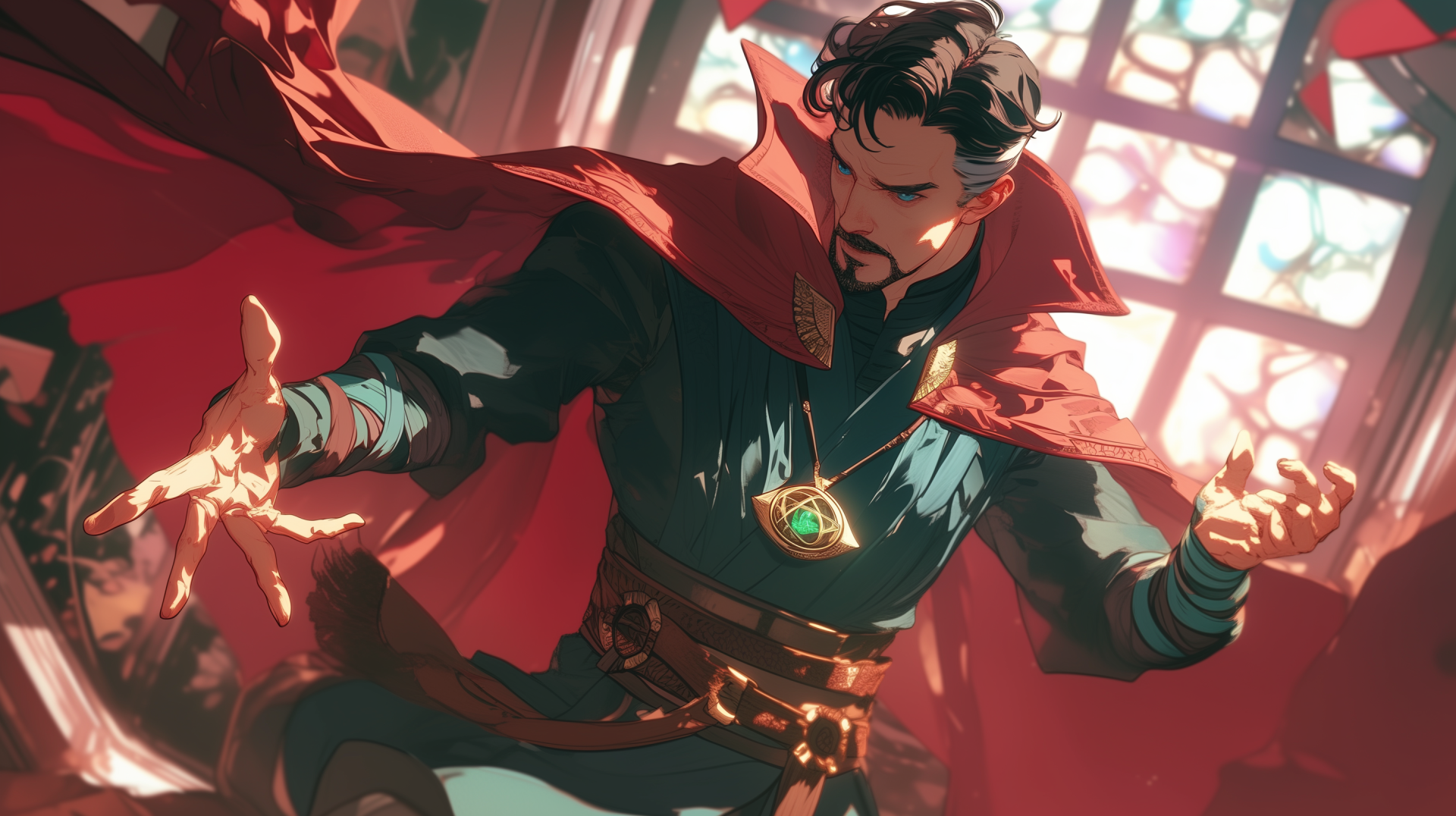 Anime-inspired HD wallpaper featuring Doctor Strange, portrayed with vibrant colors and intricate details, showcasing his magical powers against a mystical backdrop.