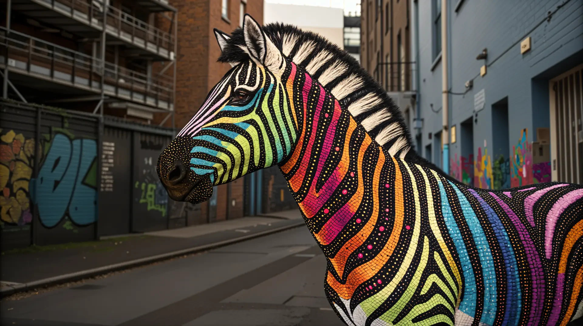 A vibrant zebra with multicolored stripes stands in an urban setting, showcasing a striking contrast against the backdrop, making it an eye-catching 4K Ultra HD desktop wallpaper.