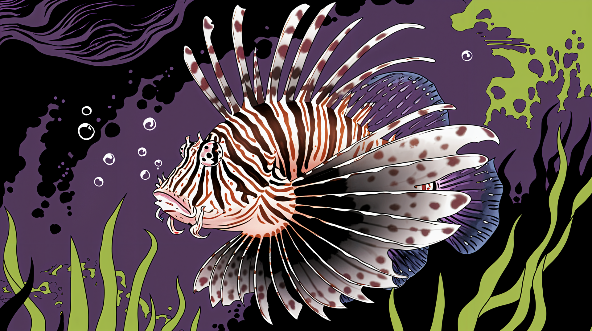 A vibrant 4K Ultra HD wallpaper featuring a striking lionfish surrounded by colorful underwater elements and bubbles, capturing the beauty of marine life.