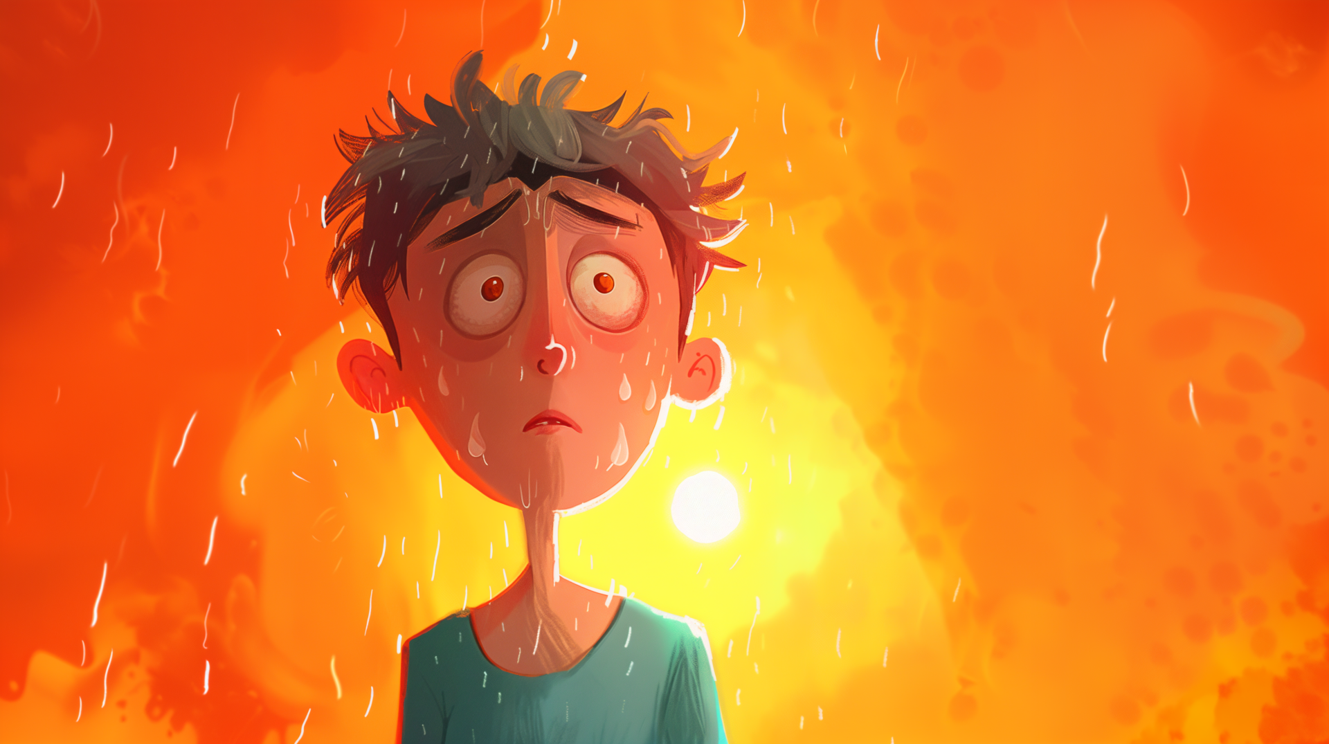 A worried character stands under a bright, melting sun, surrounded by an orange glow reminiscent of a sunny day. This vibrant image serves as a striking 4K Ultra HD background.