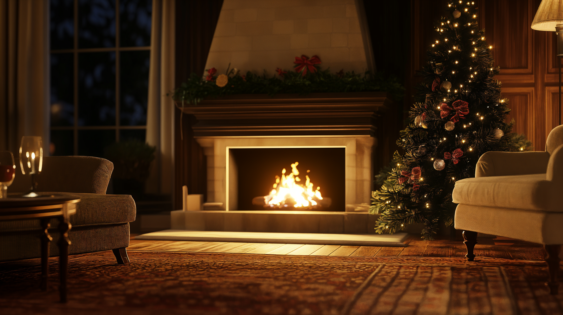 A cozy living room featuring a warm fireplace and a beautifully decorated Christmas tree, creating a festive and inviting atmosphere. 4K Ultra HD wallpaper and background.