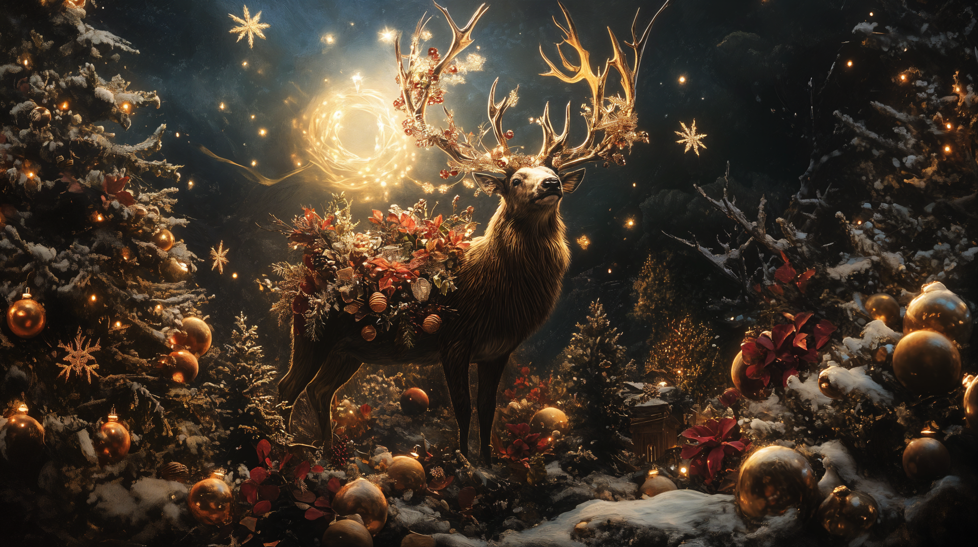 A majestic reindeer adorned with festive decorations stands among snowy trees, surrounded by glowing orbs and twinkling stars, capturing the essence of holiday spirit in stunning 4K Ultra HD.