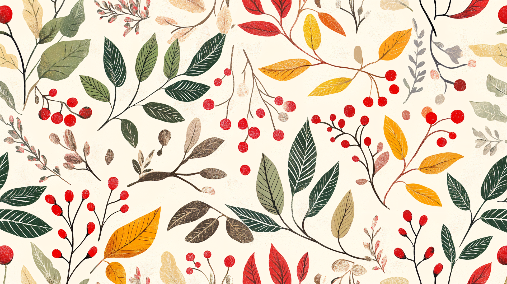 A vibrant holiday pattern featuring colorful leaves and berries, set against a cream background. This design is available as a 4K Ultra HD PC desktop wallpaper.