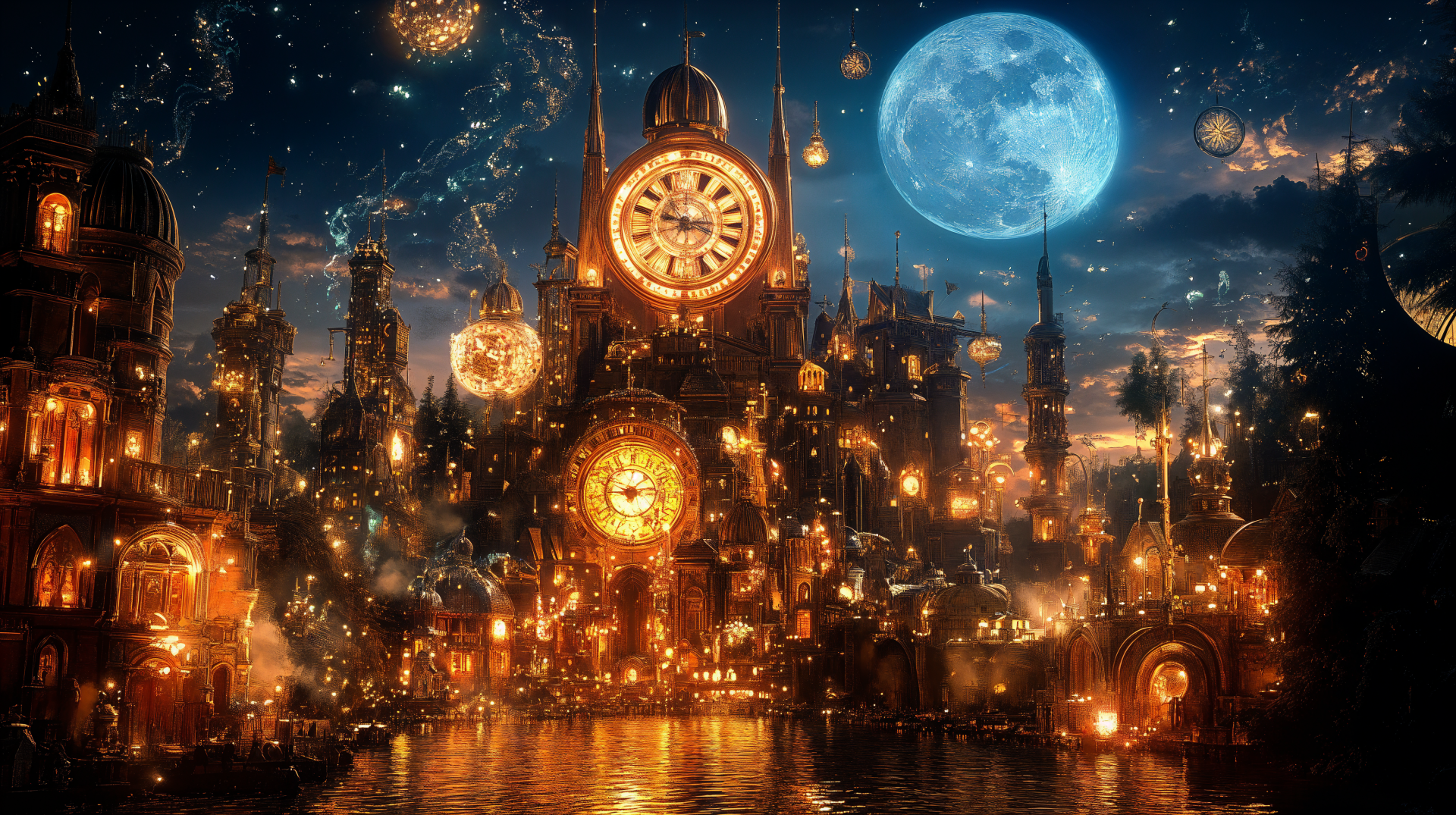 A captivating New Year countdown scene featuring a city illuminated by glowing clocks and lanterns under a bright moon, designed as a 4K Ultra HD desktop wallpaper.