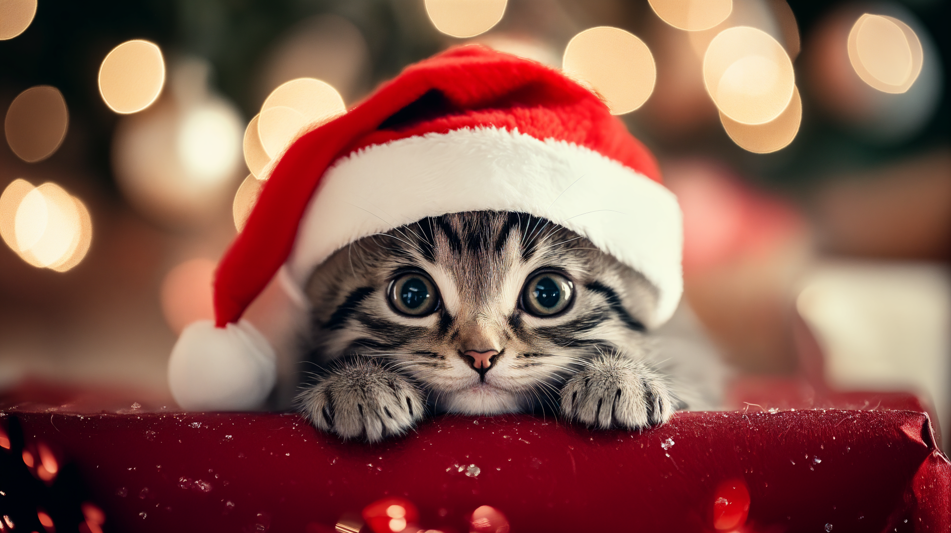 A cute cat wearing a Santa hat rests its paws on a festive surface, surrounded by soft holiday lights, captured beautifully in this 4K Ultra HD desktop wallpaper.