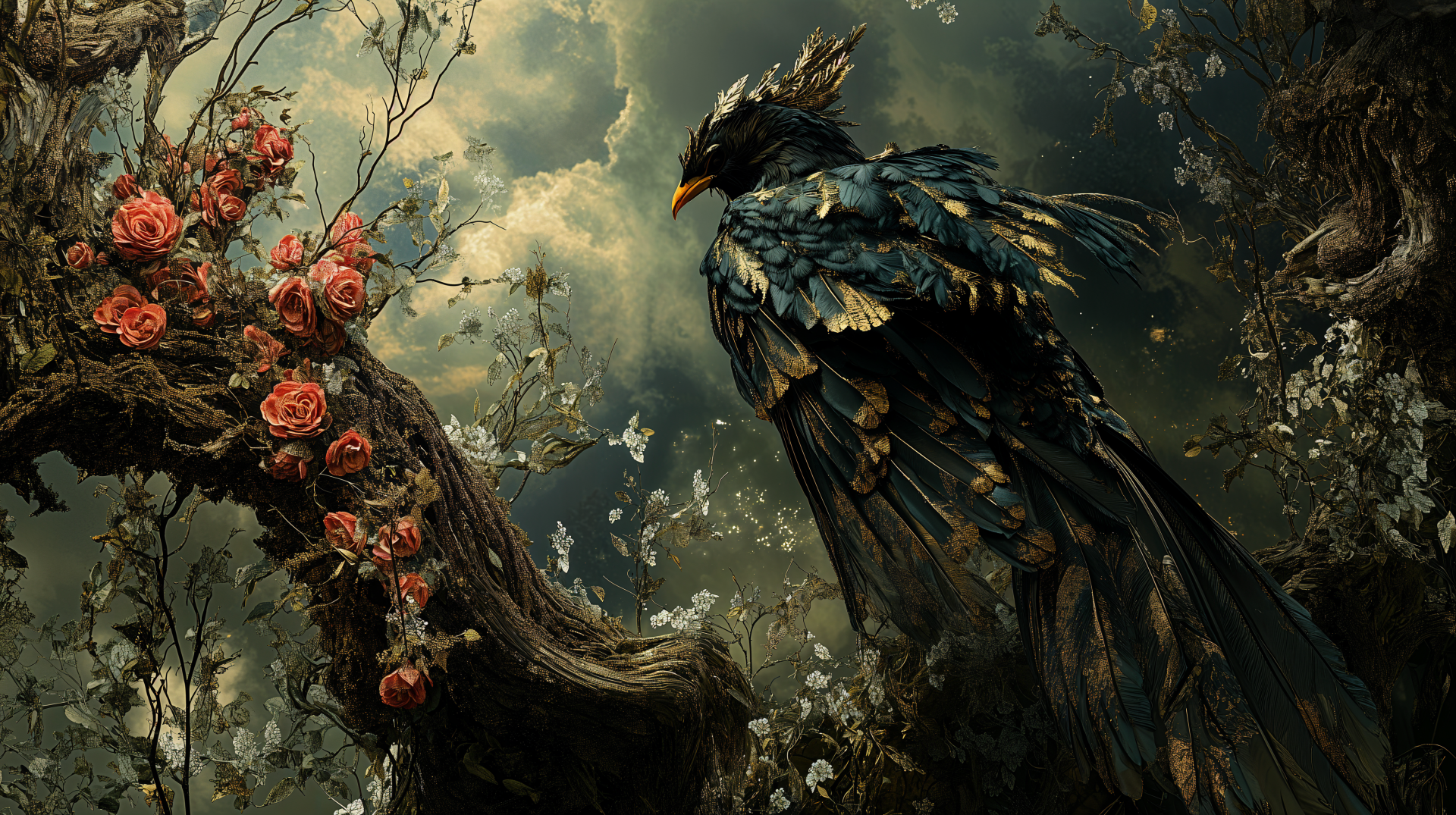 A dark fantasy 4K Ultra HD wallpaper featuring a detailed baroque-style bird perched beside vibrant flowers under a moody, clouded sky in a mysterious natural setting.