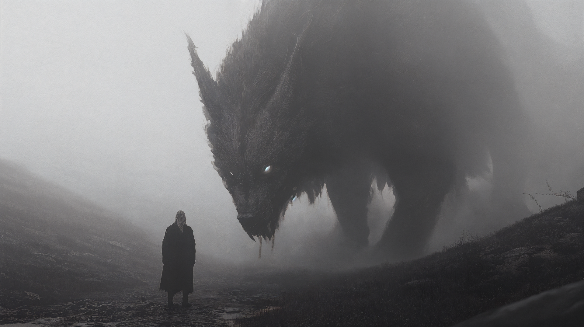 A dramatic 4K Ultra HD desktop wallpaper featuring Fenrir, a massive wolf emerging from mist, towering over a solitary figure in a mysterious landscape.