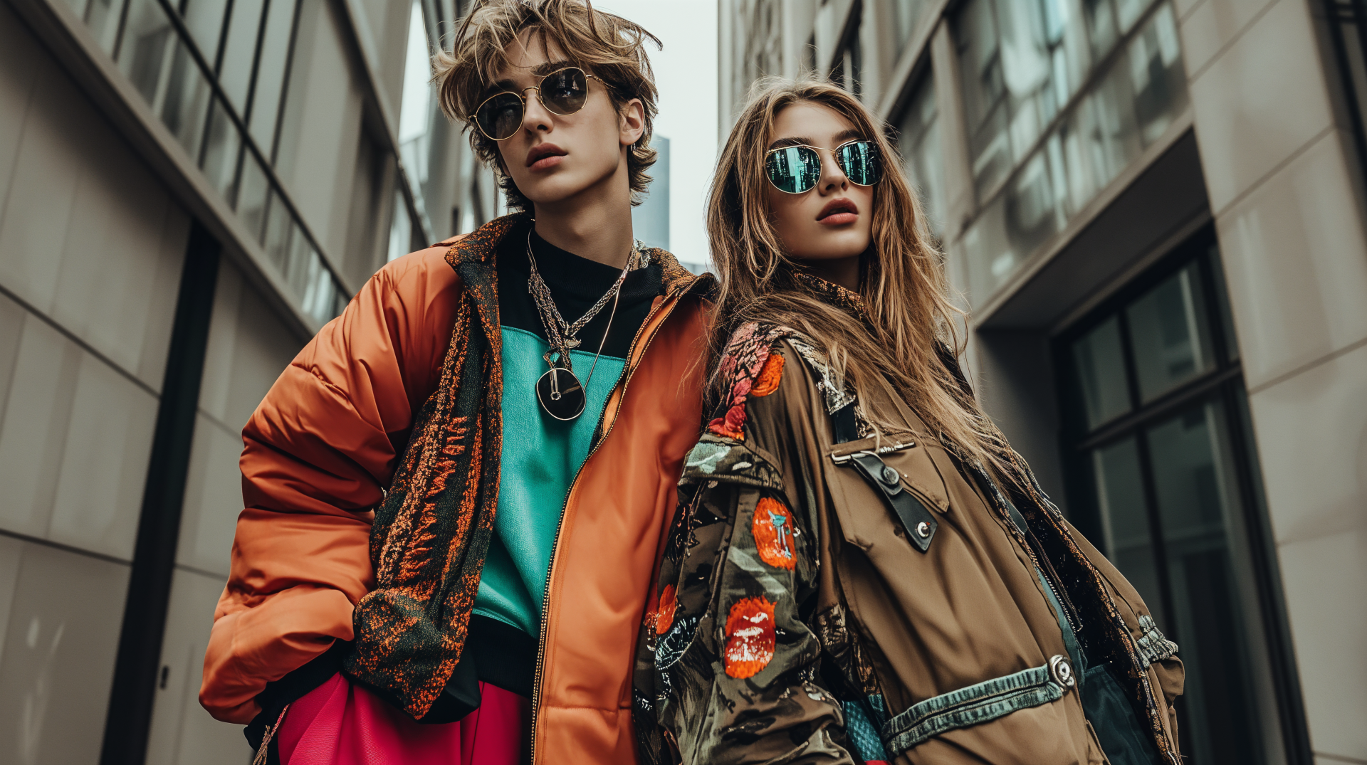 Trendy outfit featuring stylish models in vibrant jackets and sunglasses, captured in an urban setting. A striking 4K Ultra HD desktop wallpaper and background.