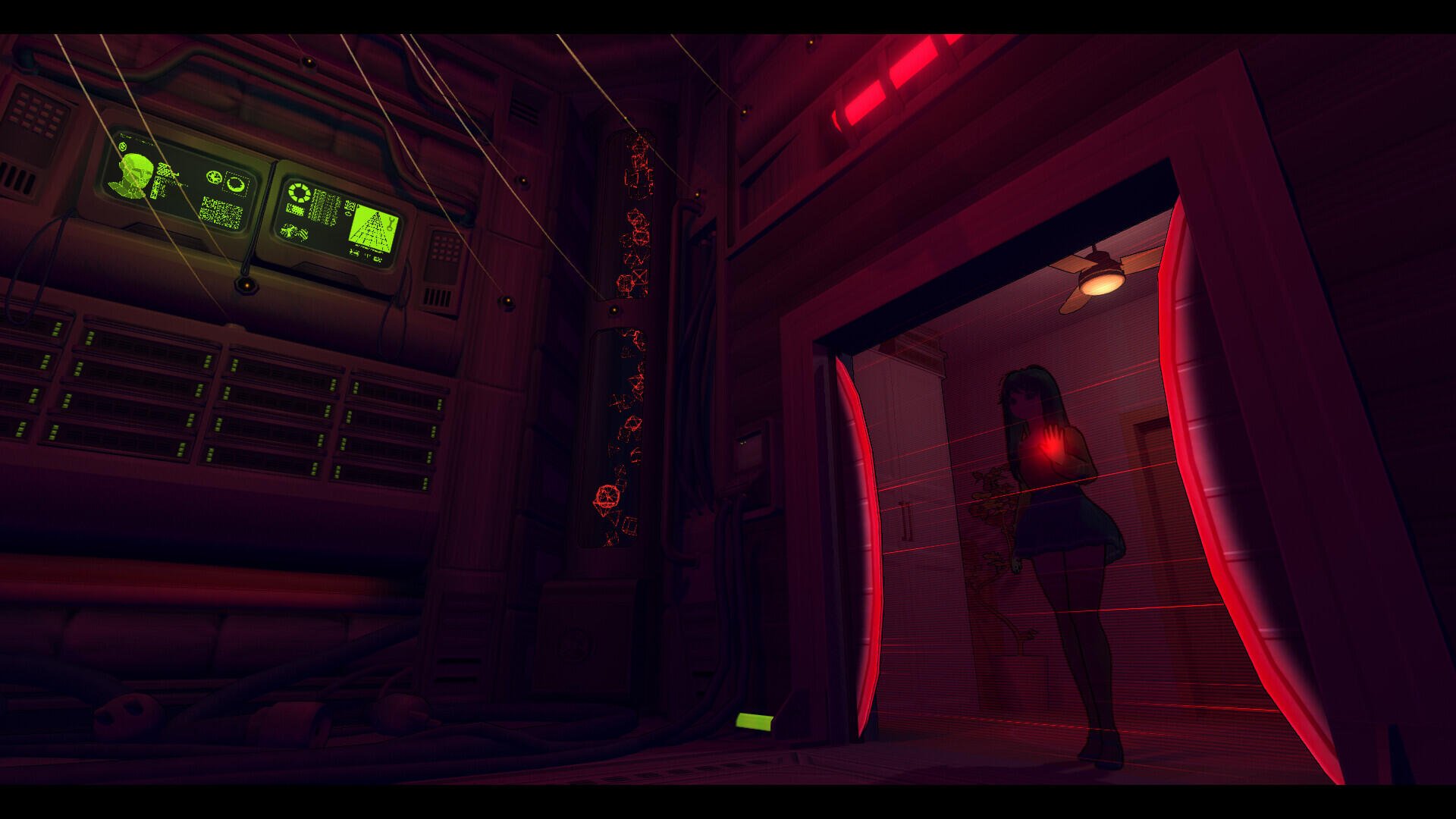 An atmospheric HD PC desktop wallpaper featuring a character in a futuristic setting, illuminated by red lights, reflecting a video game environment inspired by MiSide.