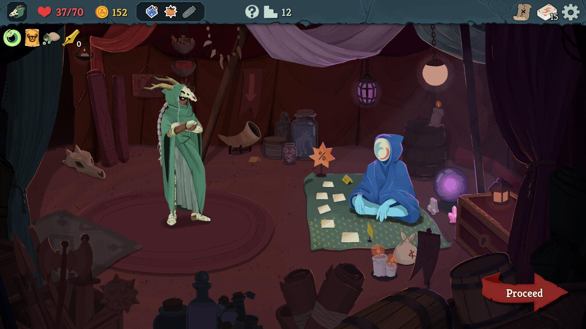 A captivating scene from the video game Slay the Spire 2, featuring a mysterious character in green confronting a cloaked figure at a card table in a dimly lit environment.