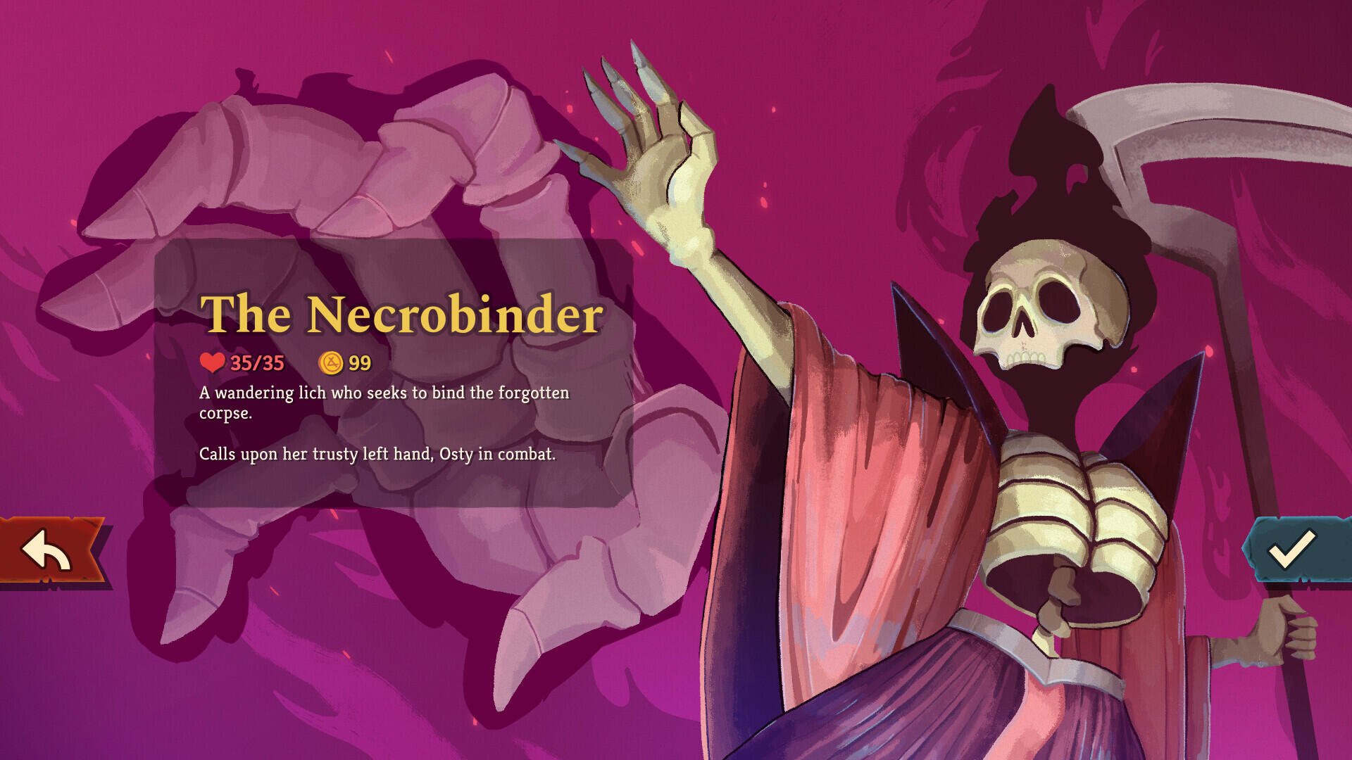 A captivating HD wallpaper from Slay the Spire 2, featuring the Necrobinder, a skeletal figure calling upon the forgotten corpses, set against a striking purple backdrop.