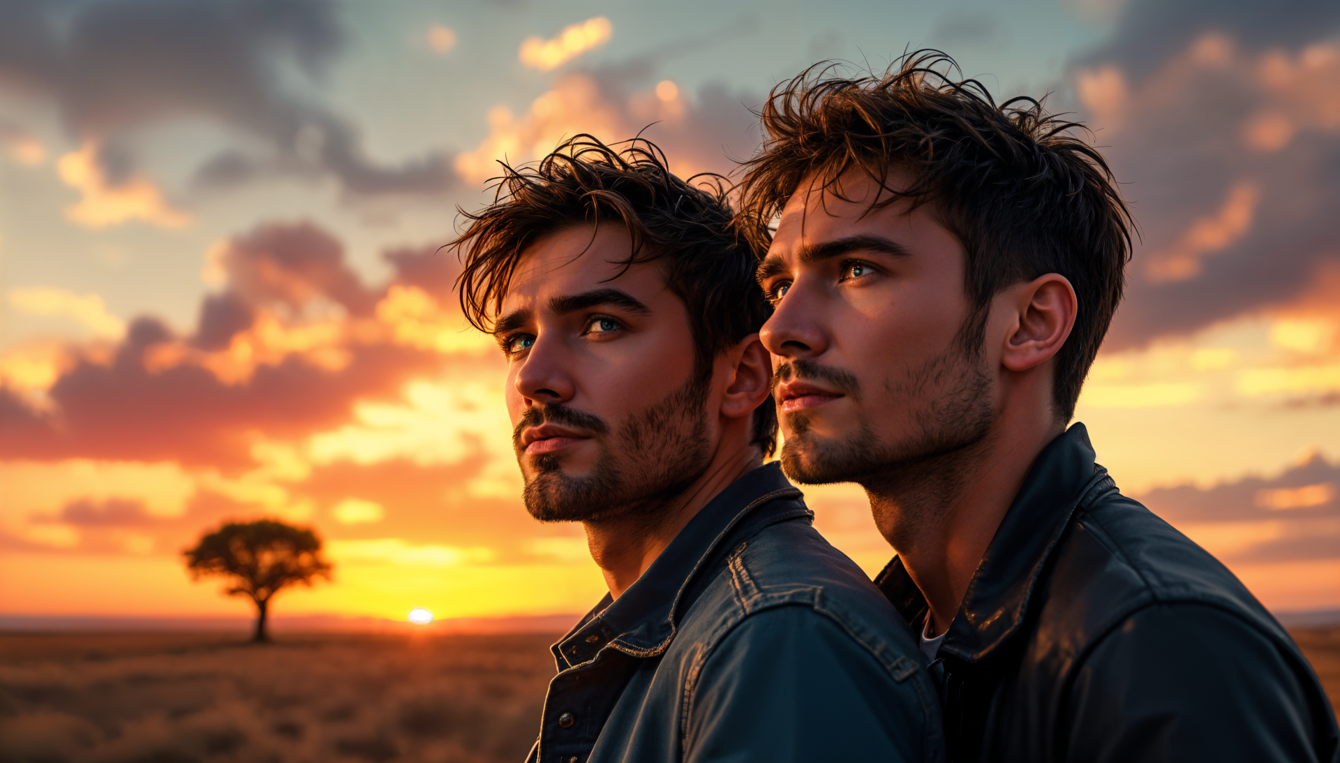 A striking 4K Ultra HD desktop wallpaper featuring two brothers gazing thoughtfully at a sunset, with dynamic clouds and an open landscape in the background.