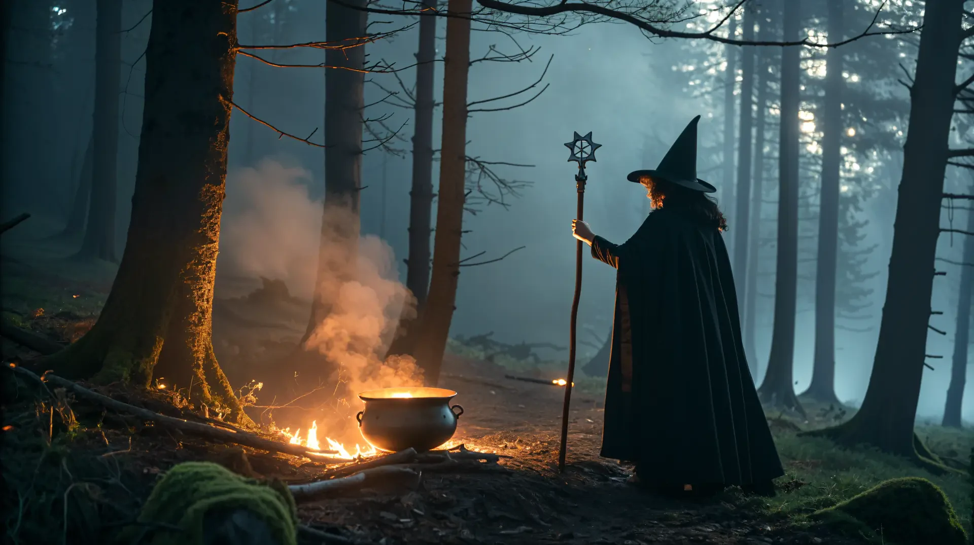 A witch in a dark cloak stands by a bubbling cauldron in a misty forest, surrounded by trees and a glowing fire, captured in 4K Ultra HD, embodying witchcore aesthetics.