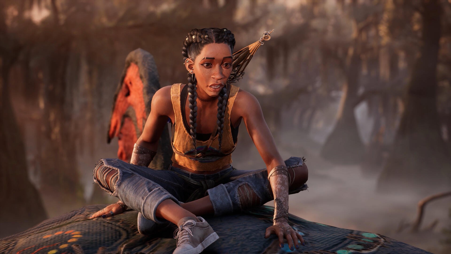 A character from the video game South of Midnight sits contemplatively on a textured surface, showcasing detailed 4K Ultra HD graphics in a mystical landscape.