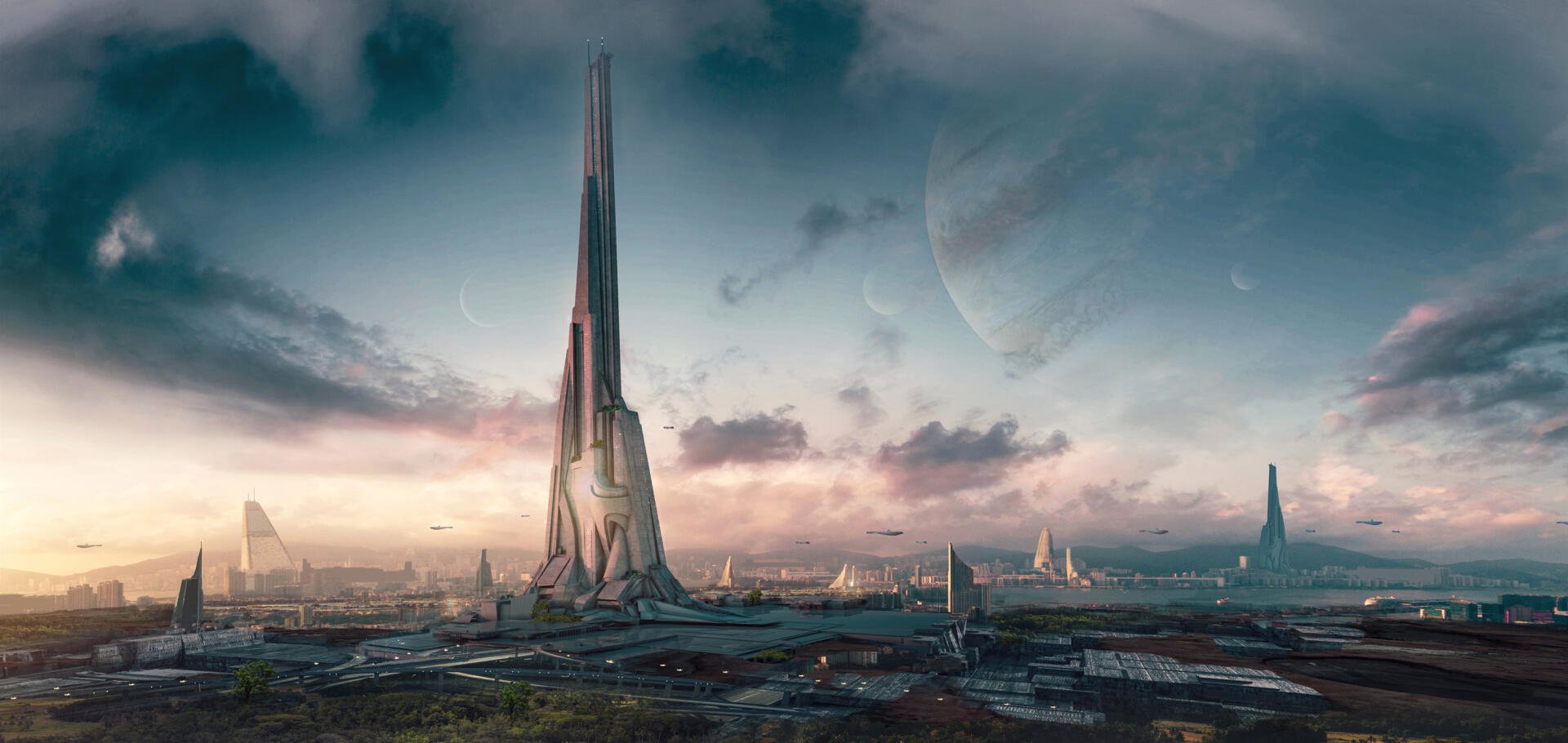 HD PC desktop wallpaper featuring a futuristic cityscape from the video game Exodus (2024) with towering spires under a dramatic sky and a distant planet.