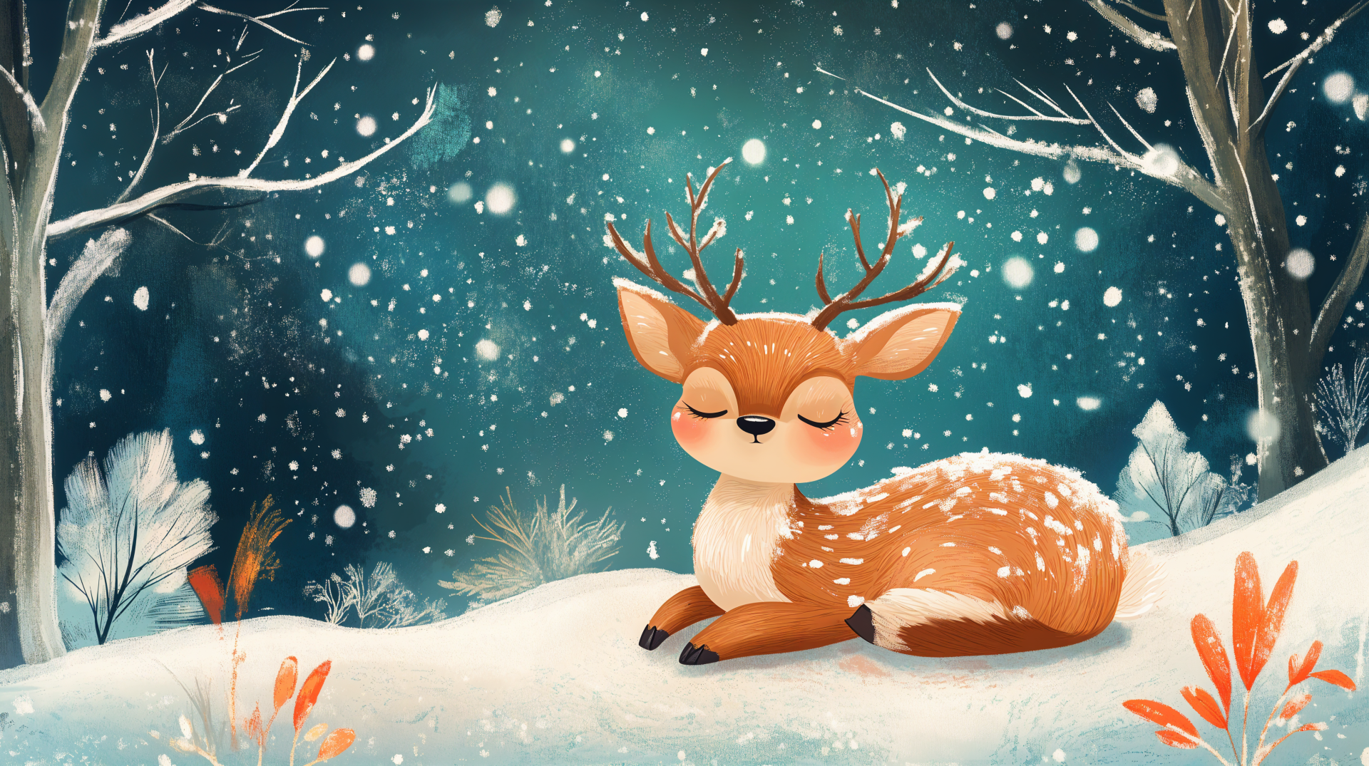 A cute winter scene featuring a charming deer resting in a snowy landscape, surrounded by gentle snowfall and frosty trees. This illustration serves as a beautiful 4K Ultra HD desktop wallpaper.