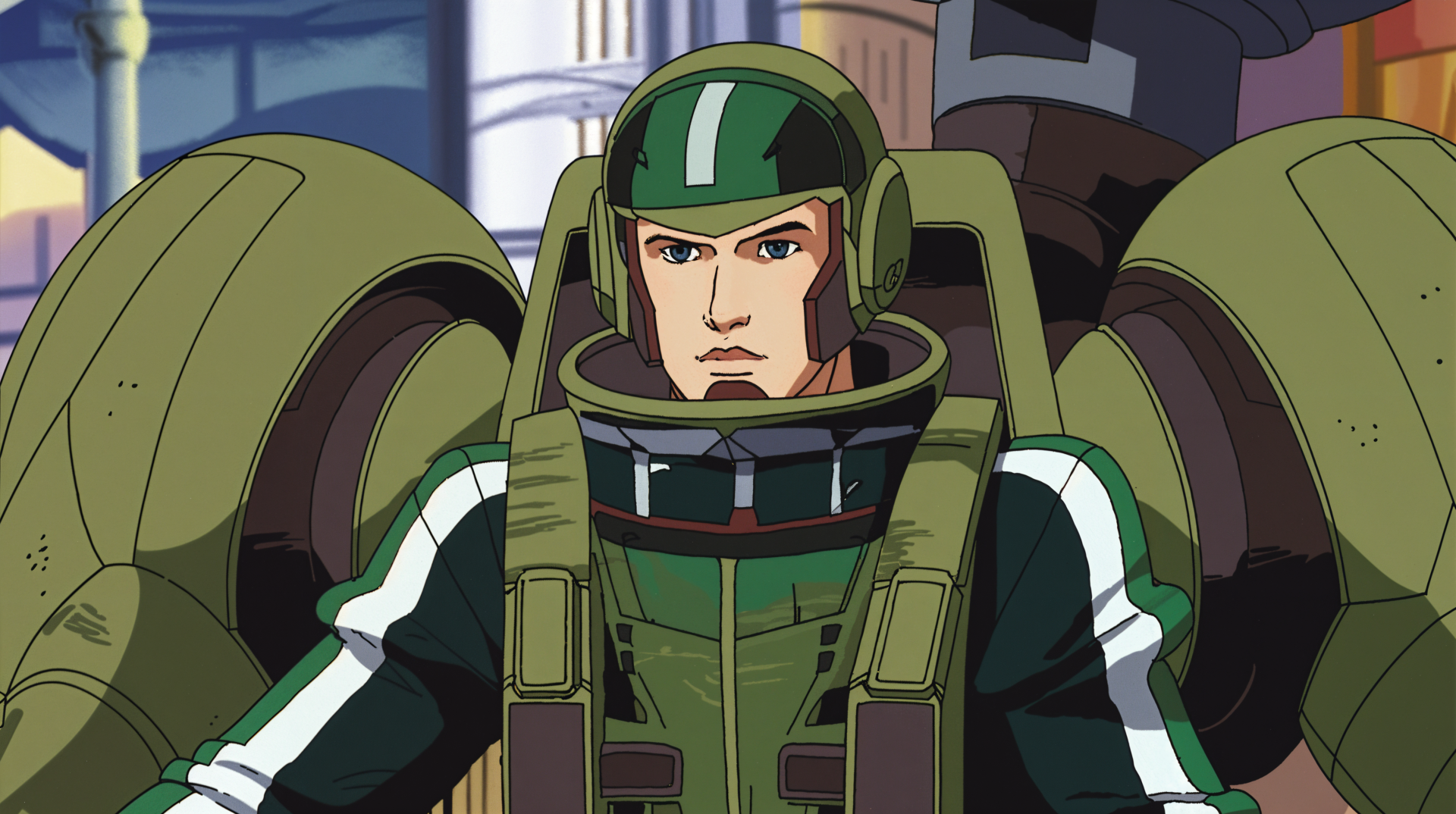 A mech pilot in a green and black suit, determined and focused, set against a futuristic backdrop. This image serves as a striking 4K Ultra HD wallpaper for PC desktops.