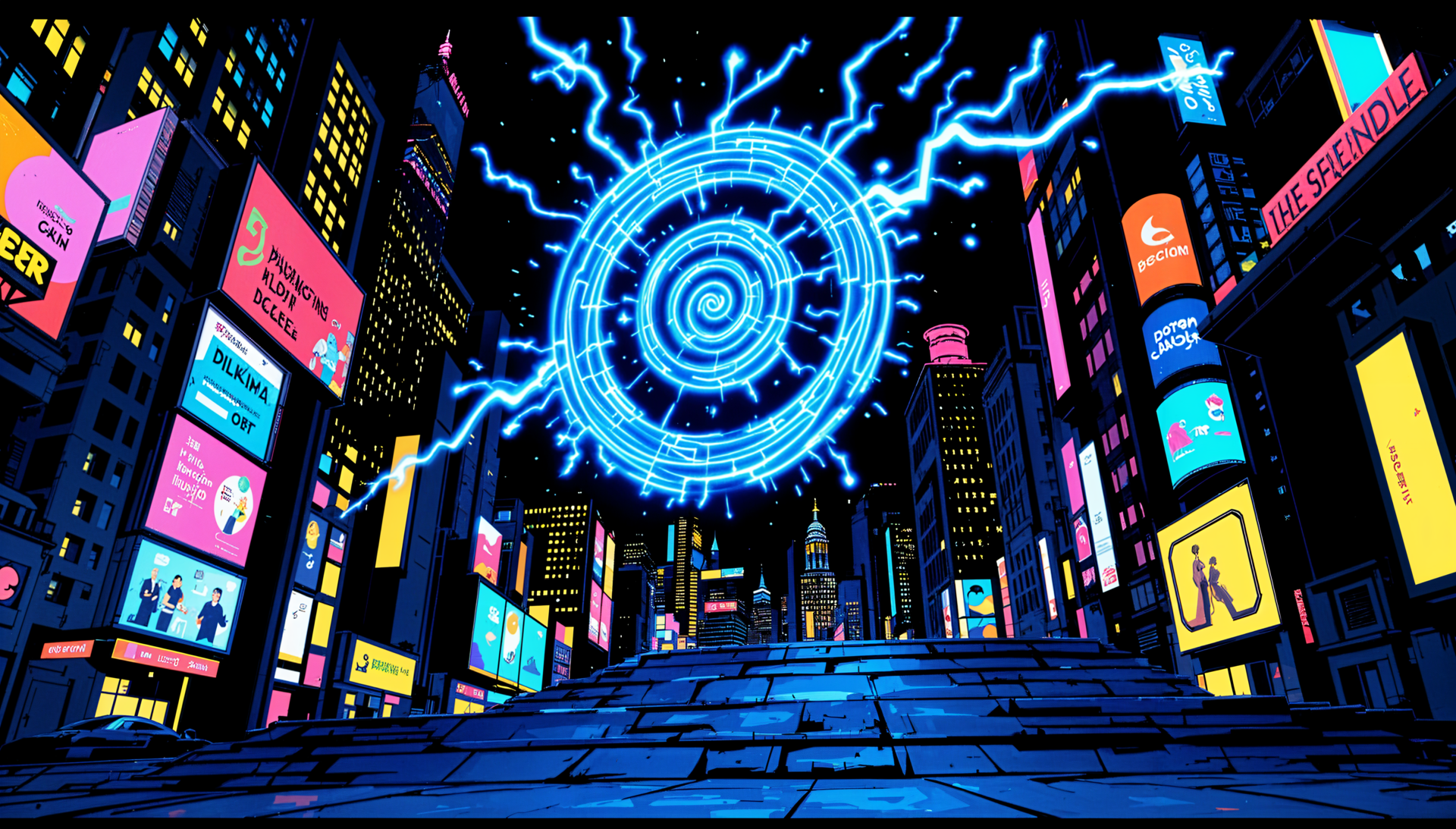 Vibrant 4K Ultra HD digital art of a cityscape illuminated by colorful neon lights, featuring a dynamic electric blue circular energy design in a futuristic graphic style.