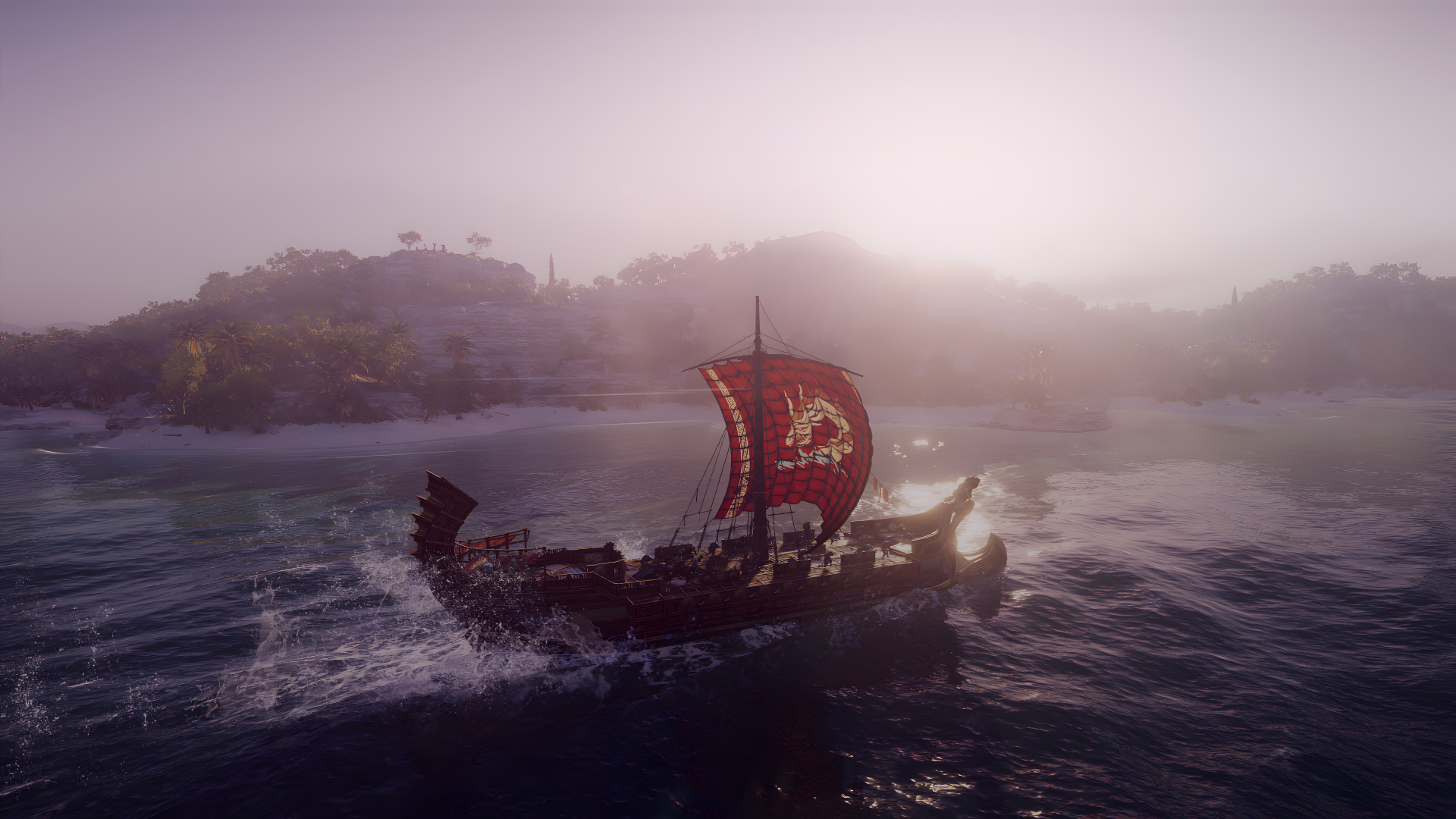 A stunning 4K Ultra HD desktop wallpaper of a ship sailing in the calm waters, inspired by the video game Assassin's Creed Odyssey, capturing a serene and adventurous atmosphere.