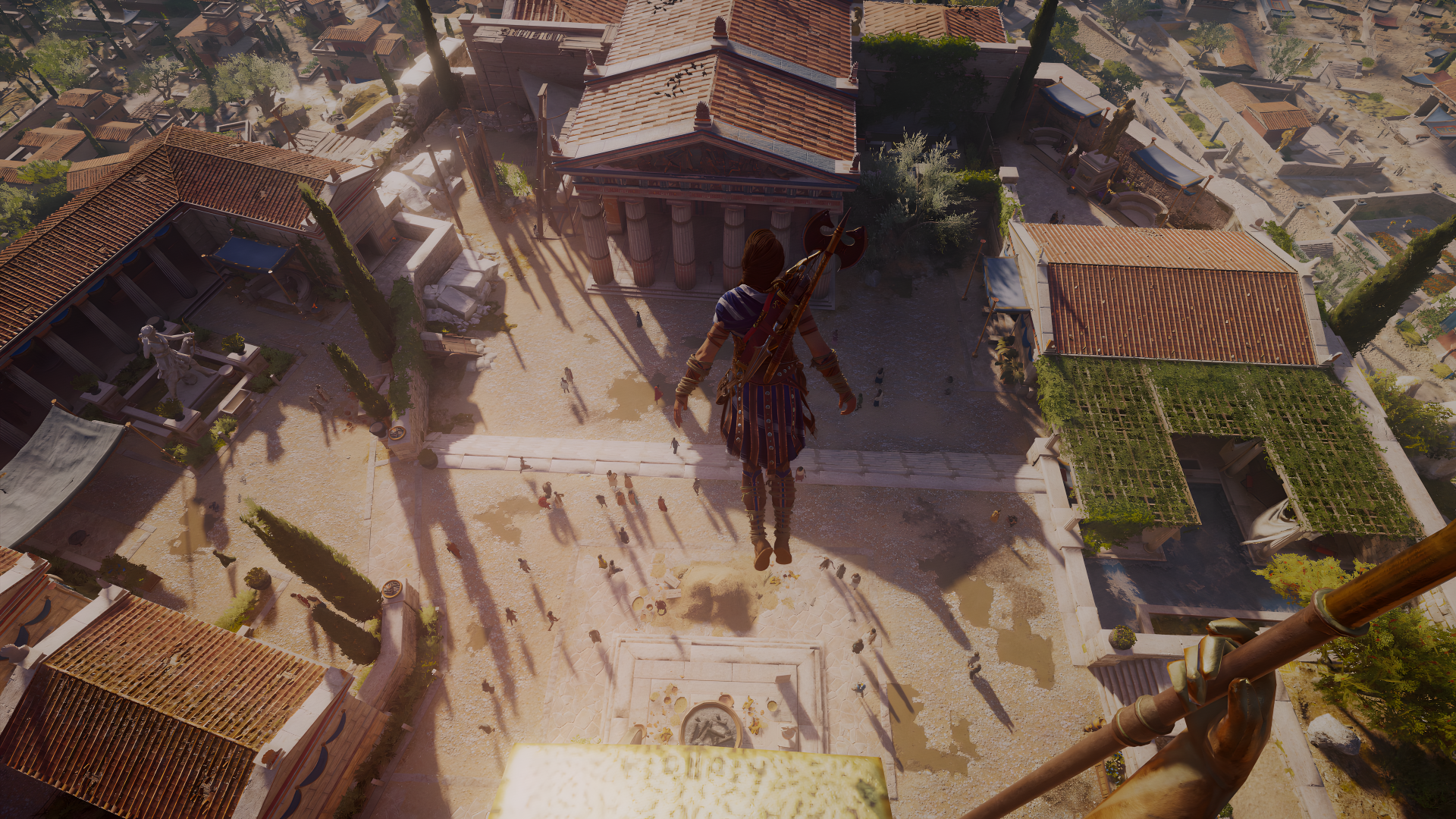 A stunning 4K Ultra HD wallpaper showcasing Kassandra from Assassin's Creed Odyssey, poised for a leap over a vibrant ancient Greek cityscape.