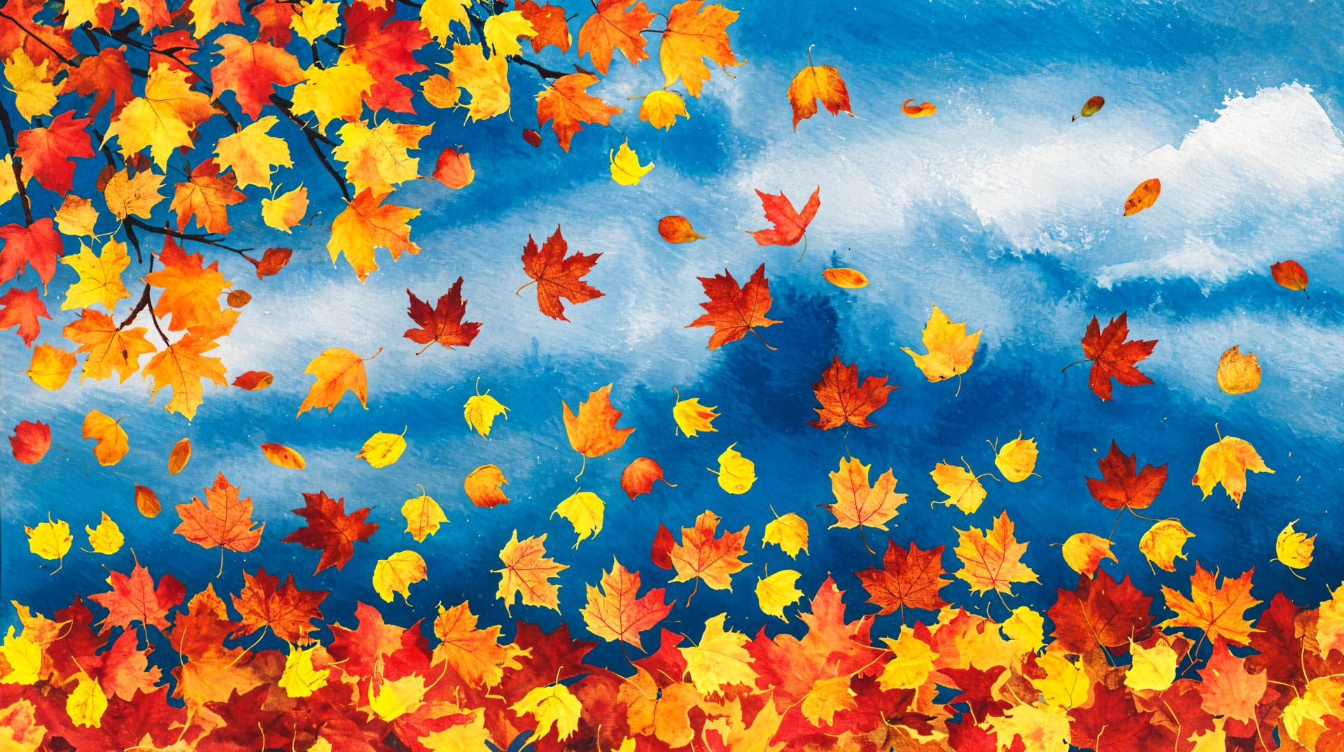 Vibrant autumn leaves in shades of red, orange, and yellow falling against a bright blue sky, captured in a colorful 4K Ultra HD nature desktop wallpaper.
