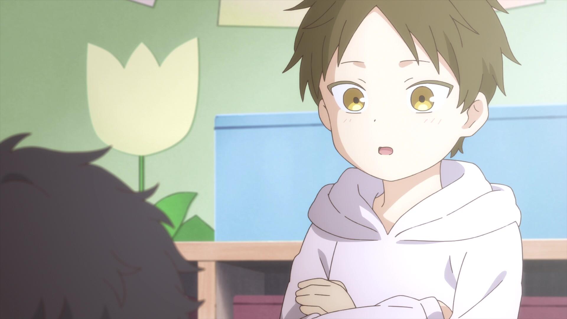 A charming HD desktop wallpaper from the anime Given Movie, featuring Hiiragi Mix with a thoughtful expression, set against a colorful background of plants and boxes.