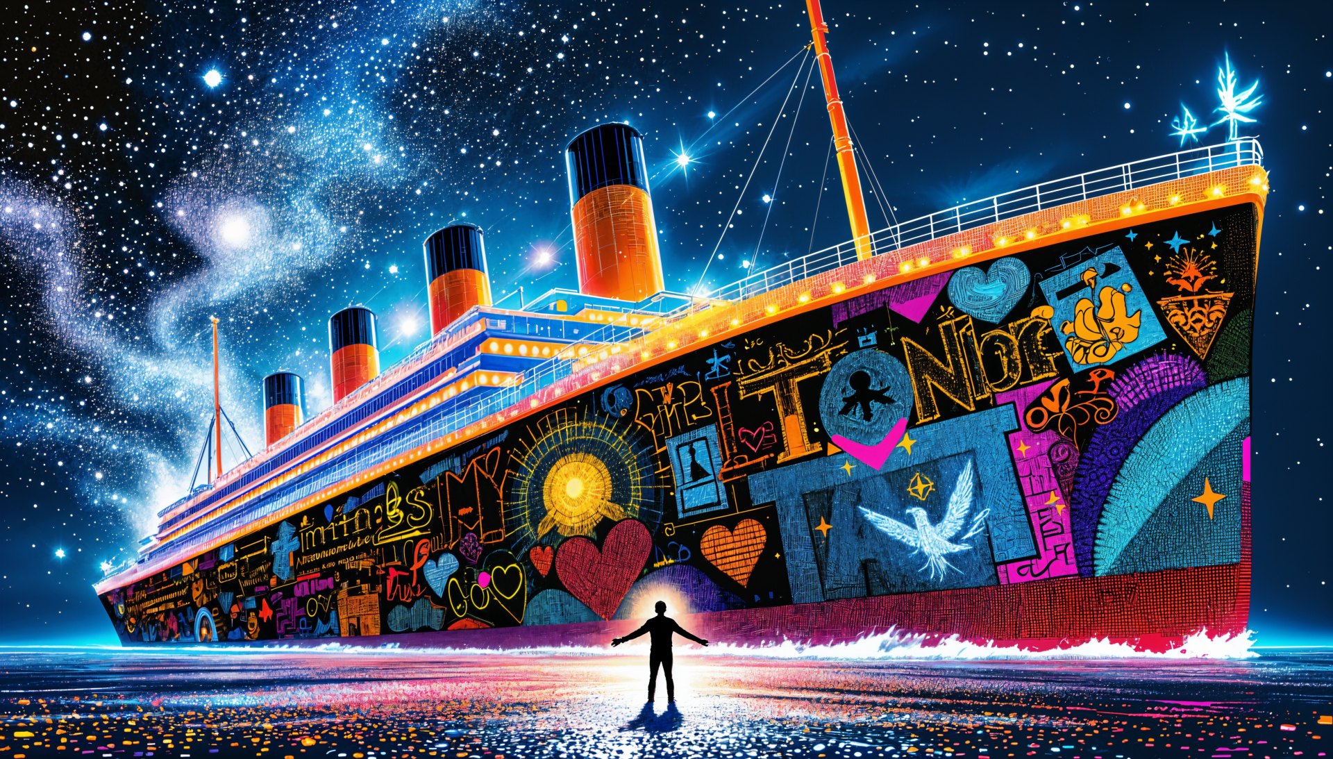 A vibrant 4K Ultra HD wallpaper featuring the Titanic, decorated with colorful, artistic graphics against a starry night sky, capturing a sense of wonder and nostalgia.