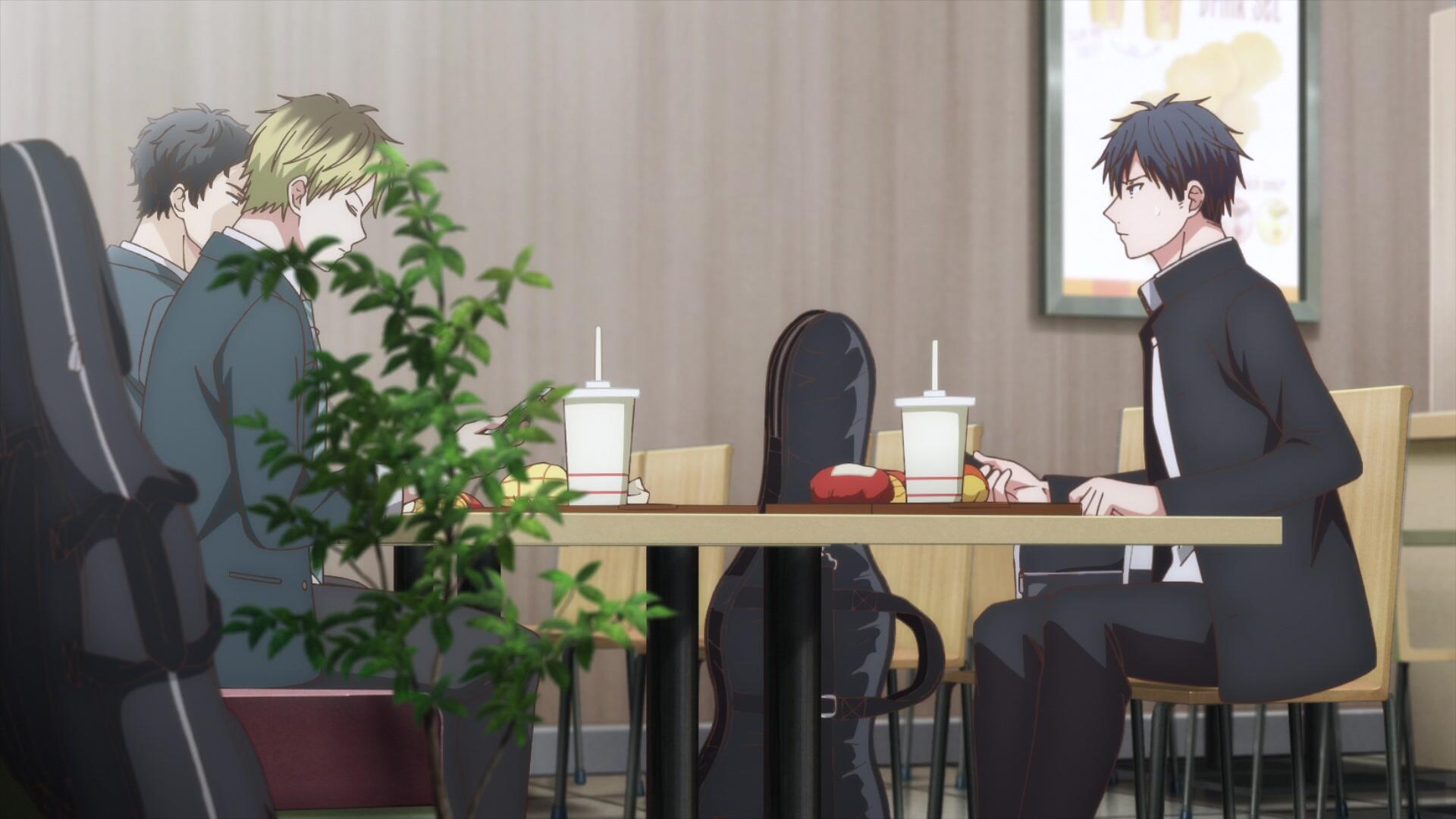 A serene scene from the anime Given Movie: Hiiragi Mix, featuring two characters at a café table with drinks and a guitar, set against a warm, inviting background.