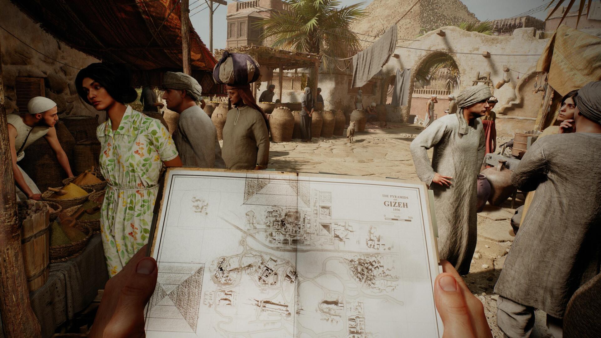 A vibrant scene from Indiana Jones and the Great Circle, featuring characters in a bustling market, with a detailed map in the foreground. An engaging HD PC desktop wallpaper.