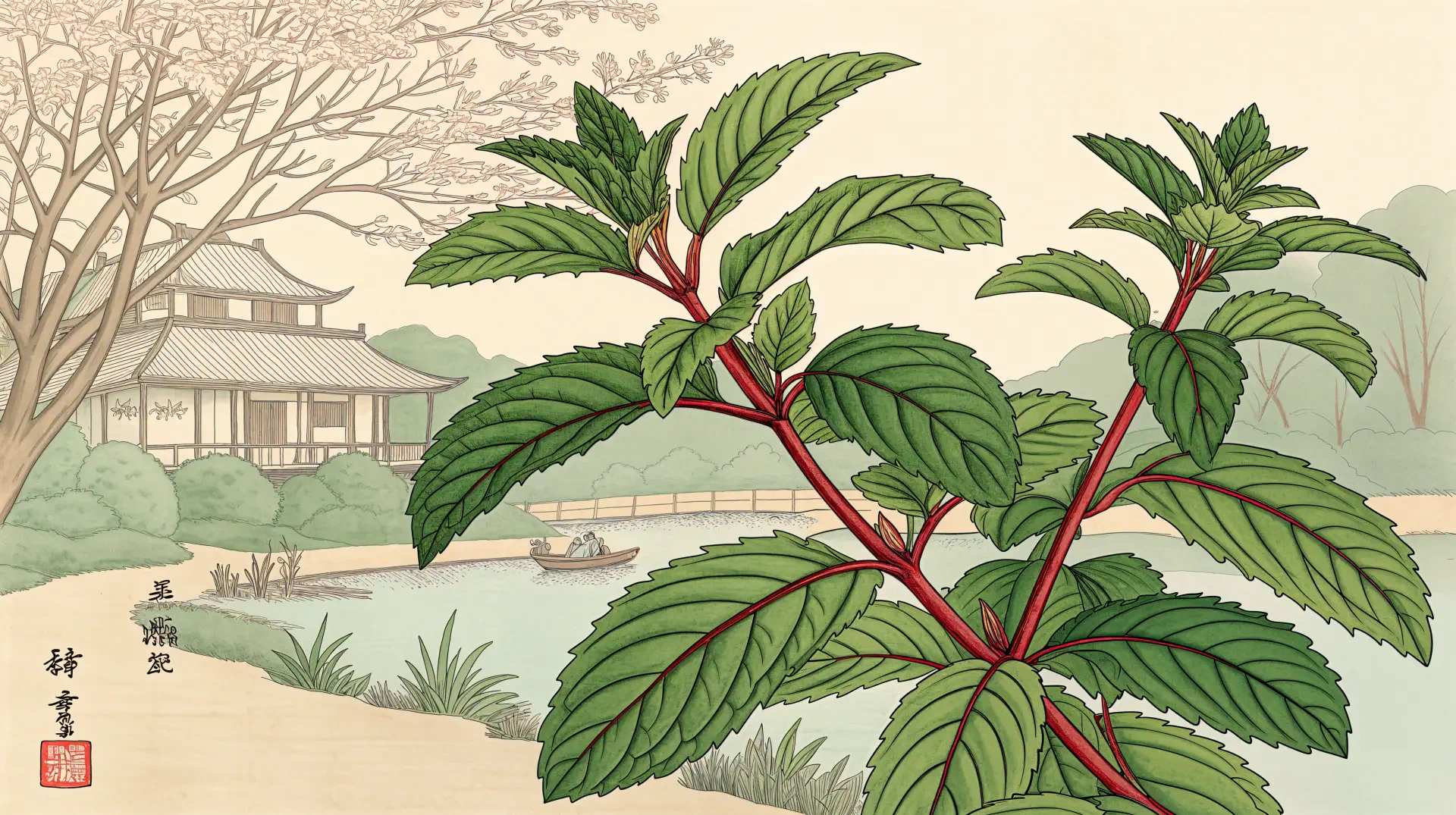 A vibrant depiction of peppermint leaves with a tranquil landscape featuring a traditional house and waterway in the background, set as a stunning 4K Ultra HD desktop wallpaper.