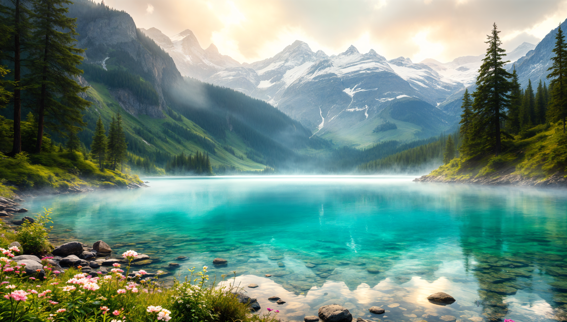 A serene mountain lake reflects stunning peaks under a soft sky, surrounded by lush greenery and vibrant flowers, capturing the beauty of nature in 4K Ultra HD.
