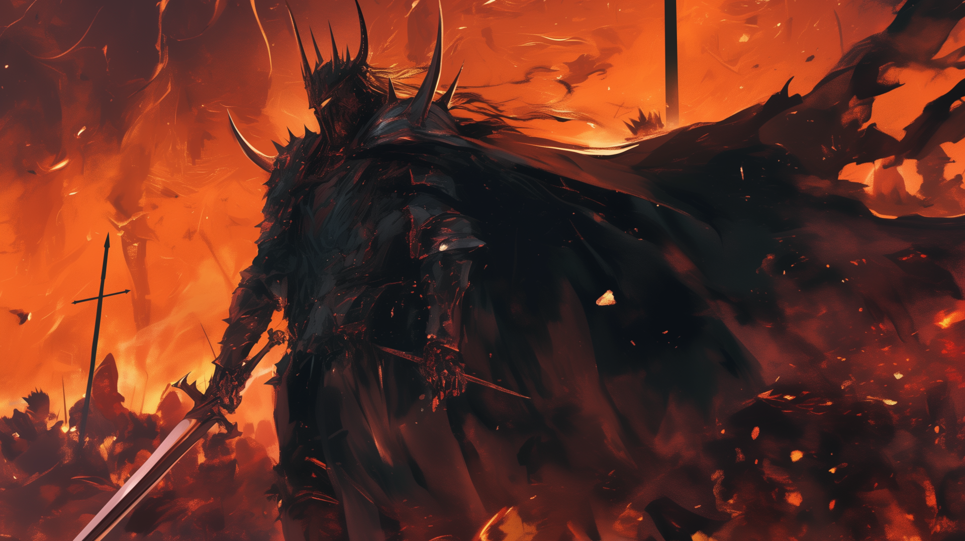 A formidable depiction of Sauron in armor, set against a fiery backdrop, capturing the essence of The Lord of the Rings. An epic HD wallpaper for fans of the movie.