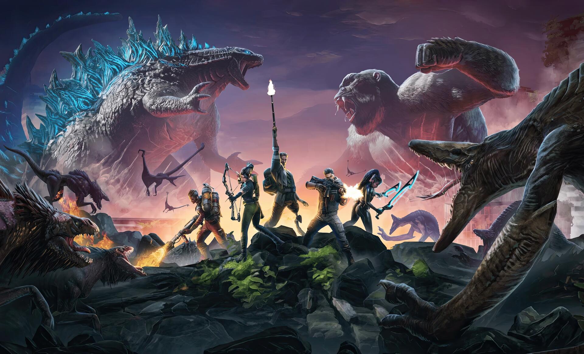 4K Ultra HD PC desktop wallpaper featuring Godzilla and Kong facing off alongside armed warriors in a dramatic, action-packed scene from Godzilla x Kong: The New Empire.