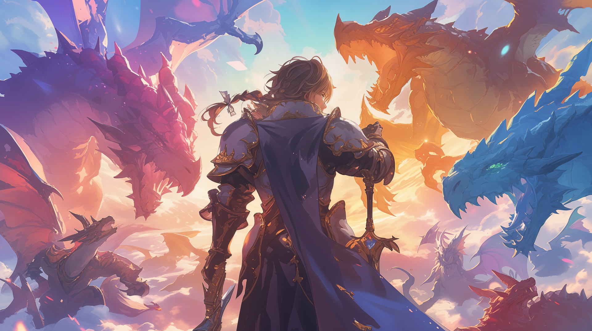 A paladin stands confidently, wielding a sword, amidst vibrant dragons in a fantasy landscape, showcasing a stunning 4K Ultra HD resolution.