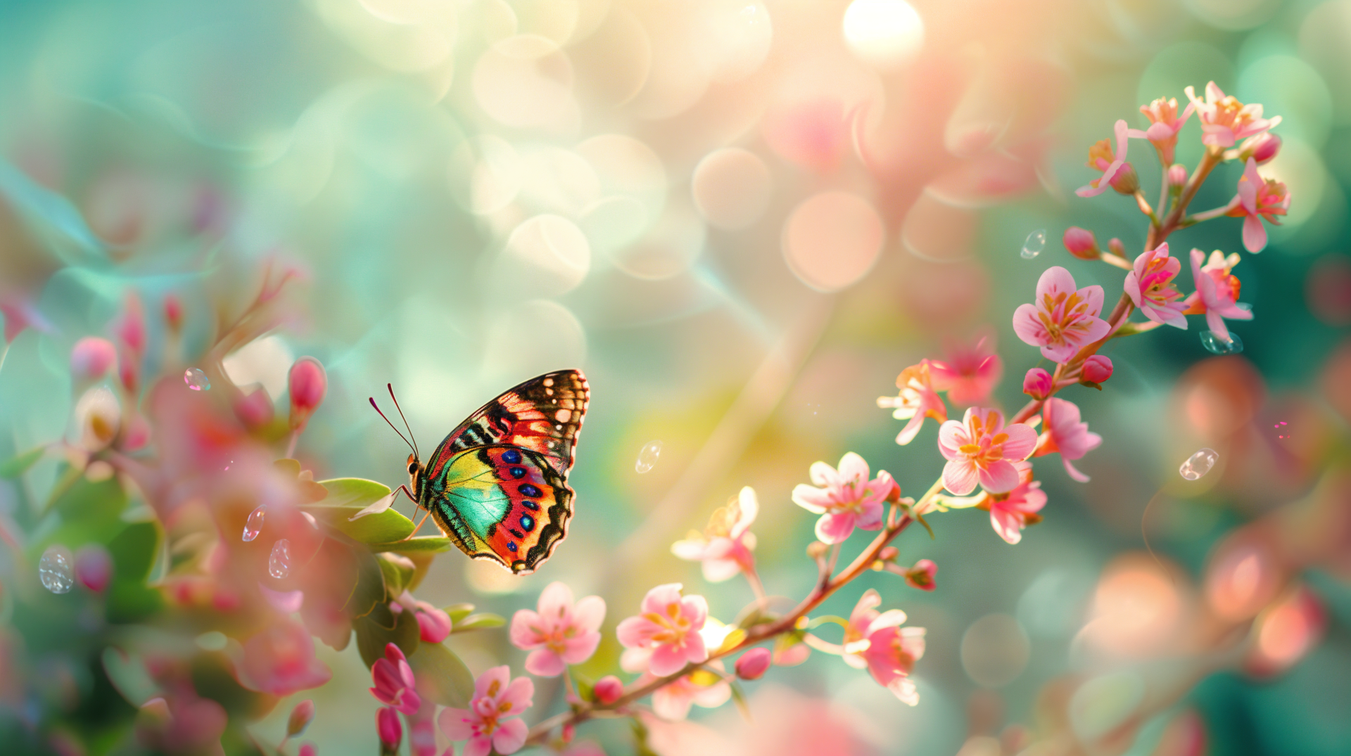 A vibrant butterfly rests on blooming flowers, surrounded by soft, colorful bokeh. This beautiful spring scene captures the essence of nature in a stunning 4K Ultra HD background.