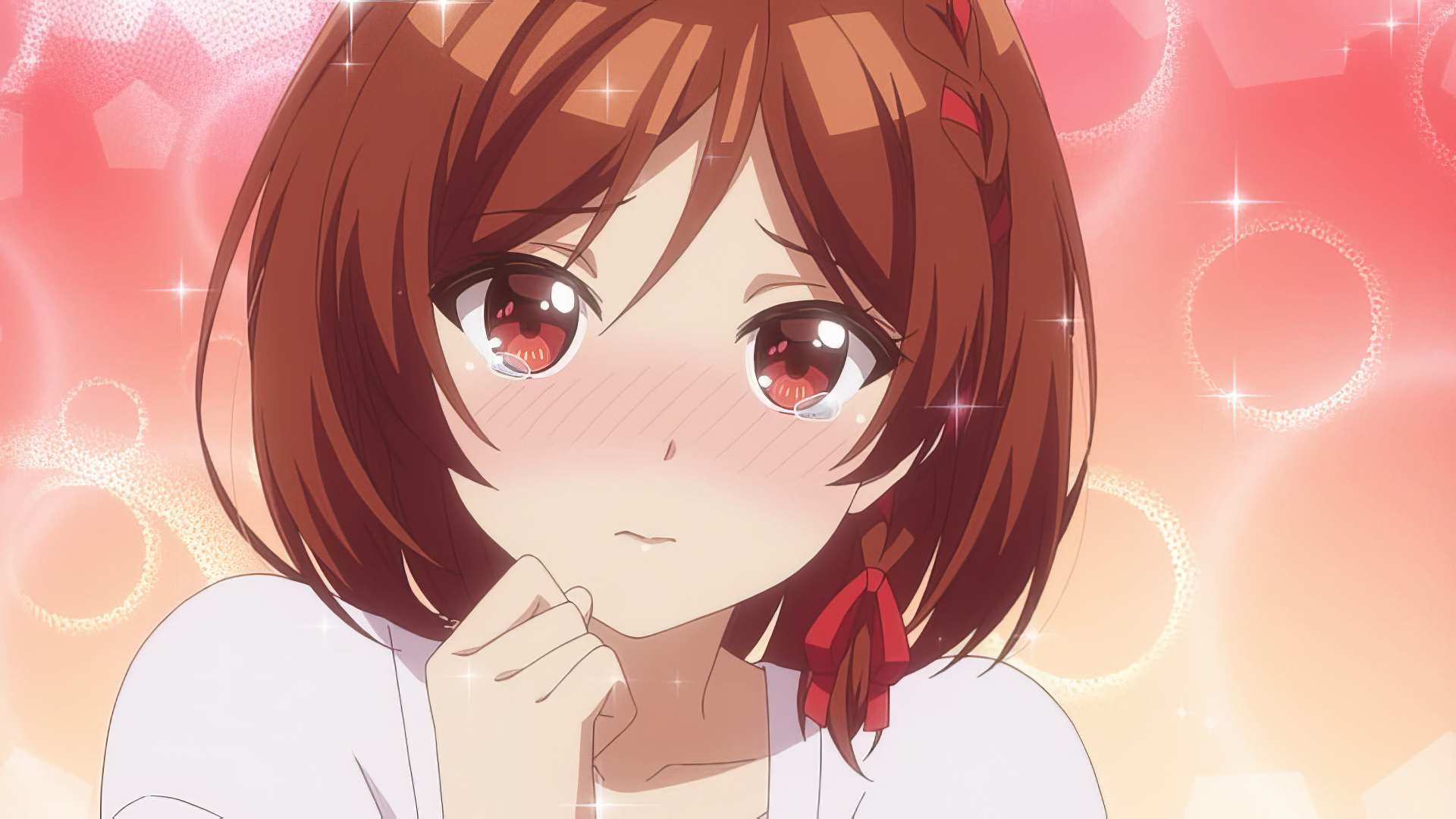 An anime character with brown hair and red ribbons gazes pensively, surrounded by soft, sparkling pink tones. This HD wallpaper is inspired by I'm Getting Married to a Girl I Hate in My Class.