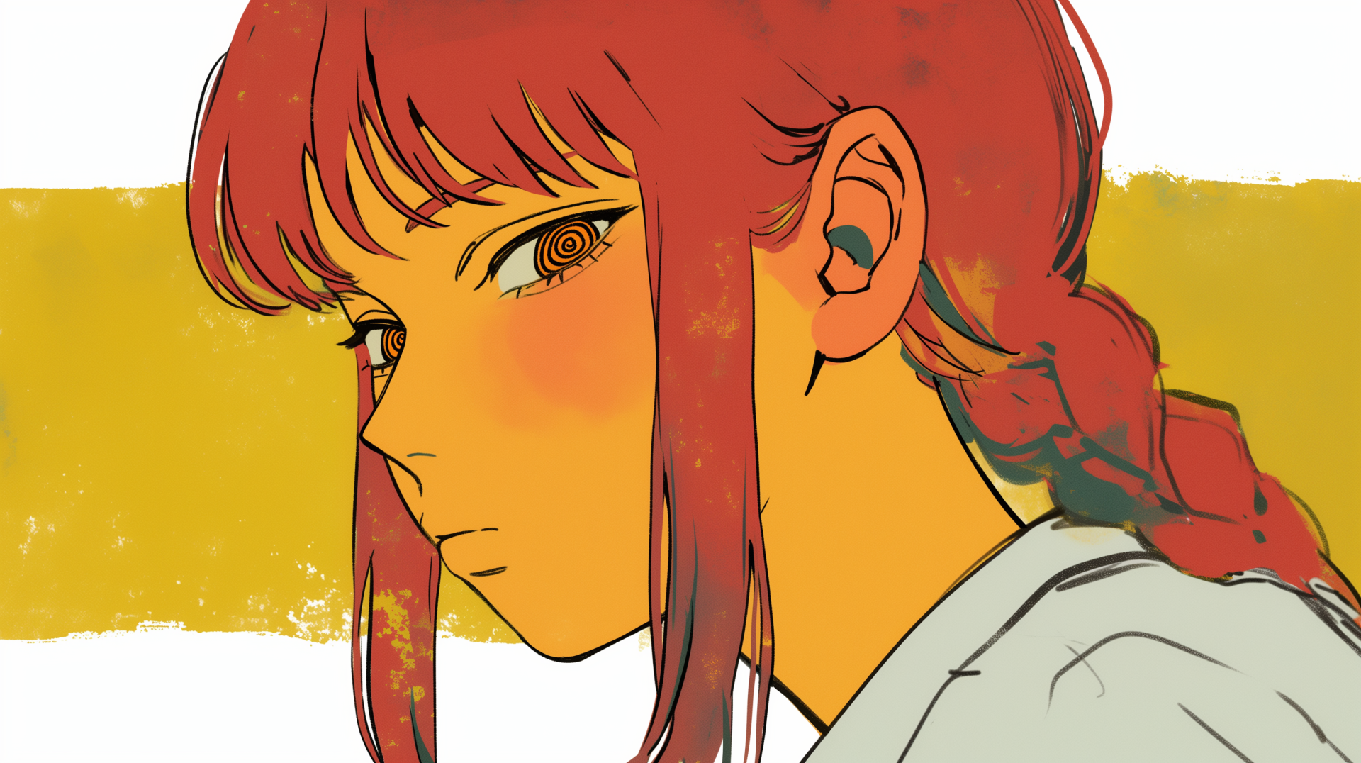 Anime-inspired HD wallpaper featuring Makima from Chainsaw Man, set against a vibrant yellow background, showcasing her distinctive hairstyle and captivating gaze.