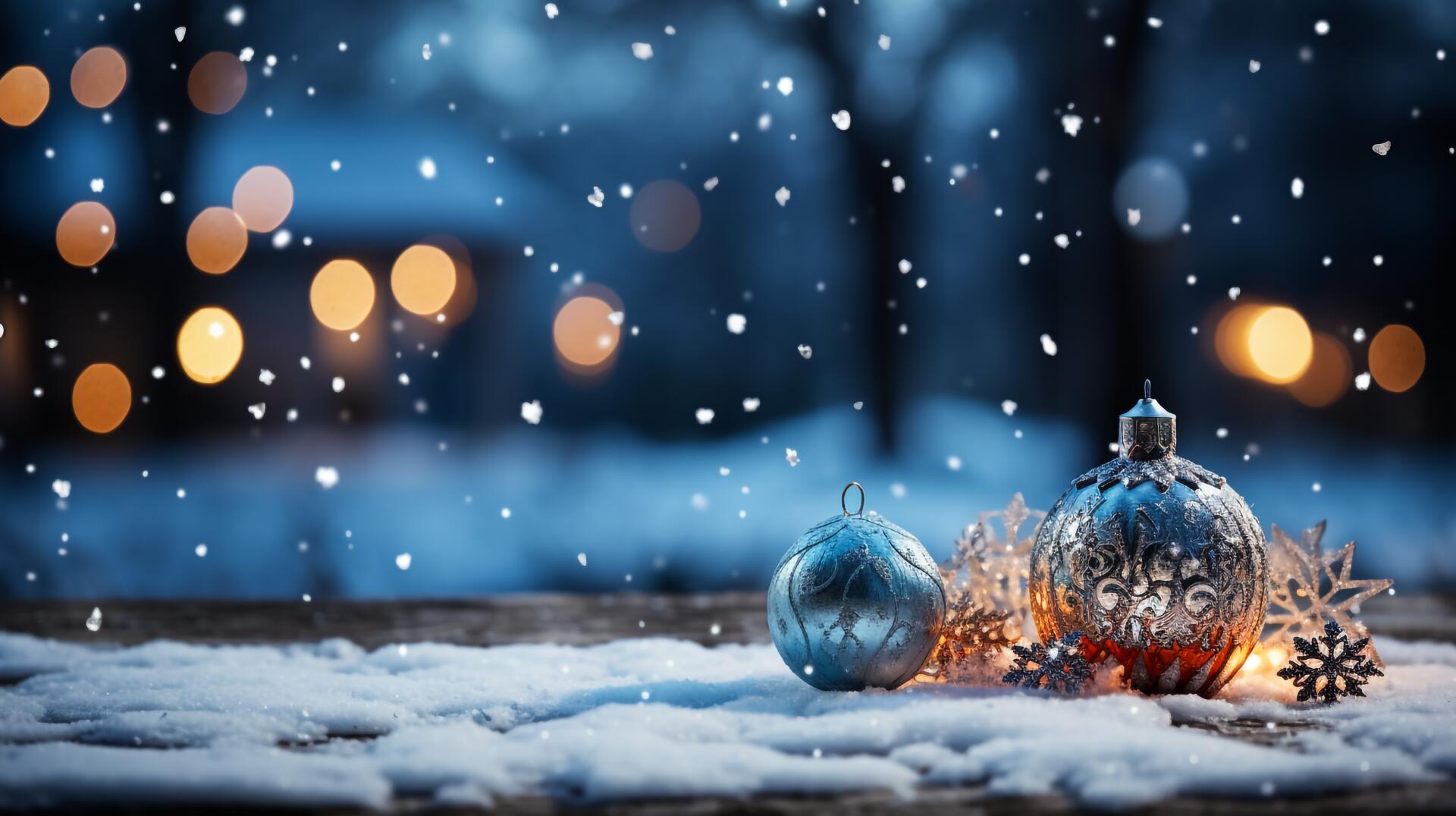 4K Ultra HD PC wallpaper featuring shimmering Christmas ornaments on snow with softly falling snowflakes and blurred festive lights in the background for New Year ambiance.