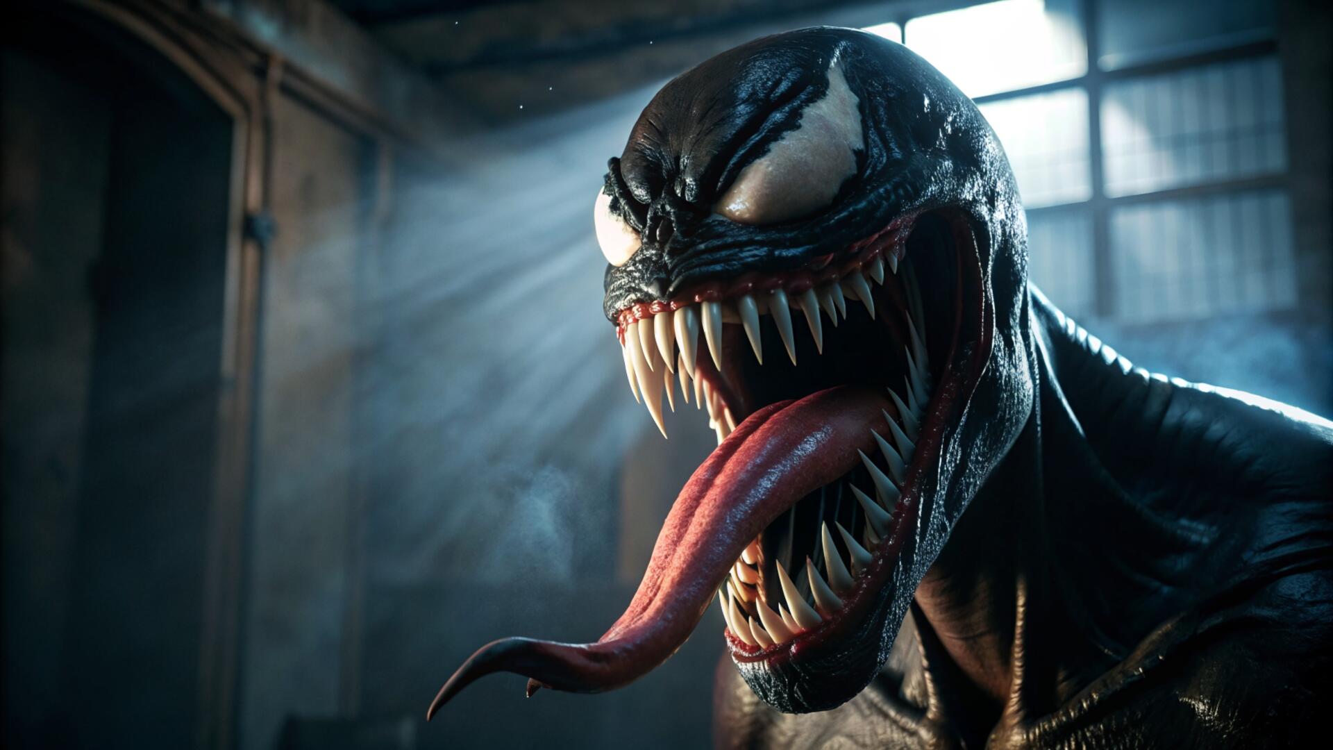 HD PC desktop wallpaper featuring Venom with his mouth open wide, sharp teeth exposed, and long tongue extended in a dark, moody setting.
