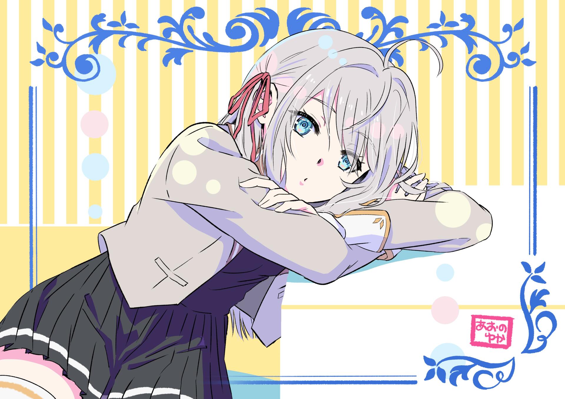 4K PC wallpaper of Alisa Mikhailovna Kujou from Alya Sometimes Hides Her Feelings in Russian: silver‑haired anime girl with blue eyes leaning on folded arms against pastel striped ornate border.