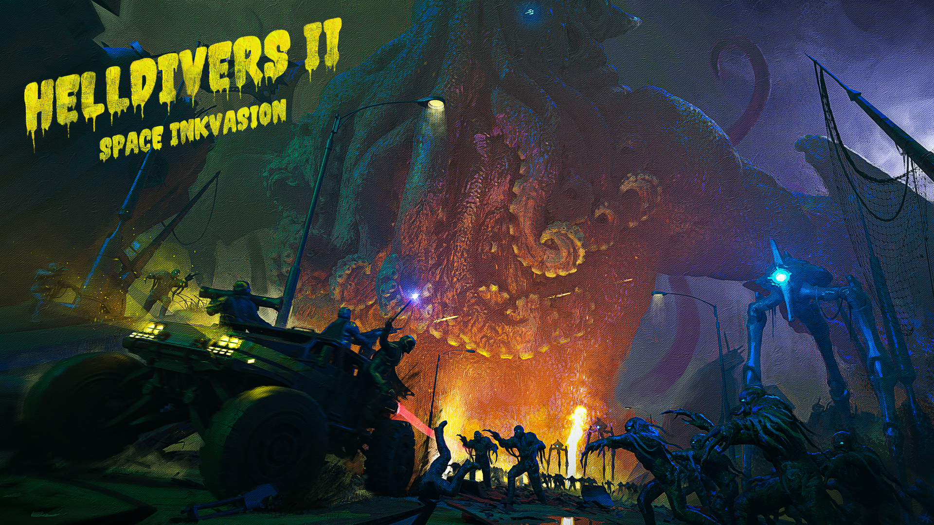 4K Ultra HD PC desktop wallpaper featuring intense battle scenes from Helldivers and Helldivers 2, showcasing the fiery chaos of the Liberty! space invasion.