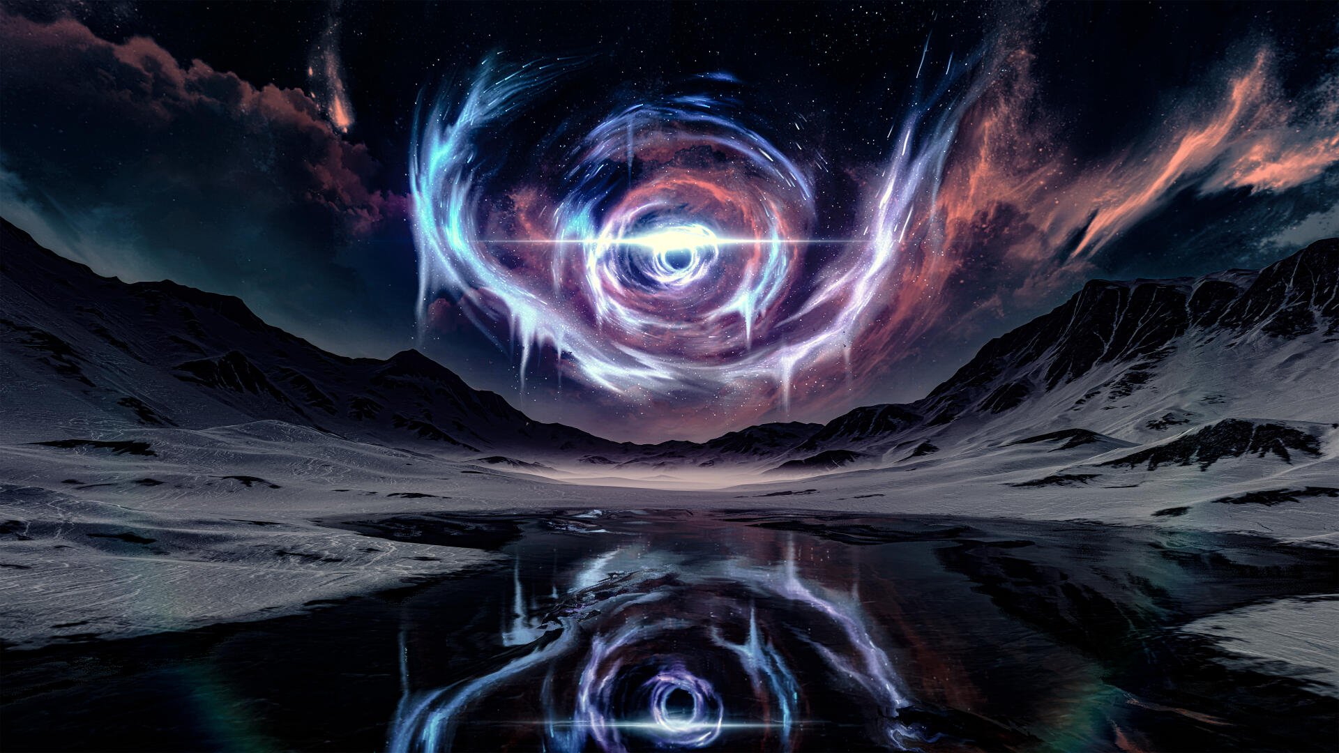 Wuthering Waves 8K Ultra HD wallpaper depicting a surreal glowing eye-shaped vortex swirling in a night sky above a reflective mountain lake.
