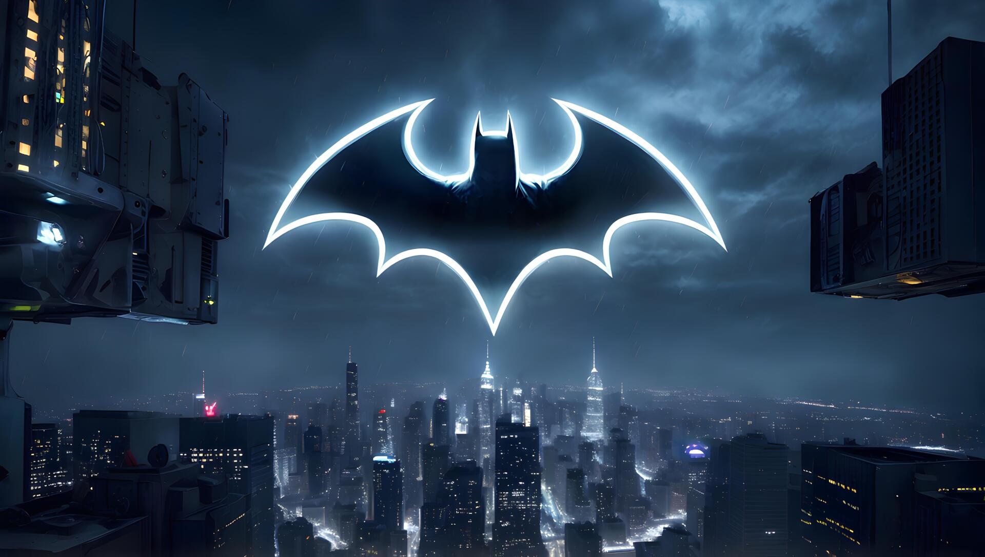 Batman logo illuminated in glowing neon above a dark cityscape at night, rendered as a 4K Ultra HD comic-style PC desktop wallpaper.