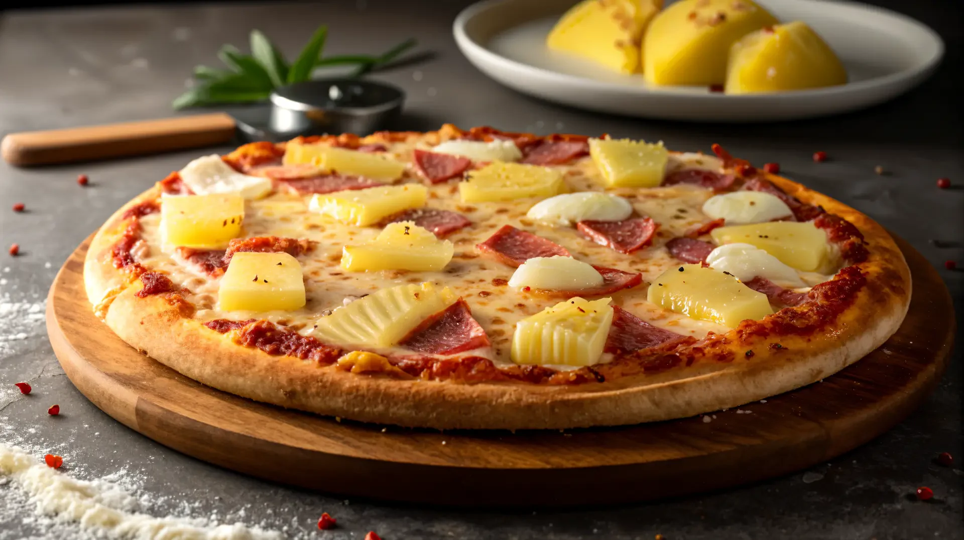 4K Ultra HD wallpaper of a Hawaiian pizza topped with cheese, pineapple, and pepperoni on a wooden board, with sliced potatoes in the background.