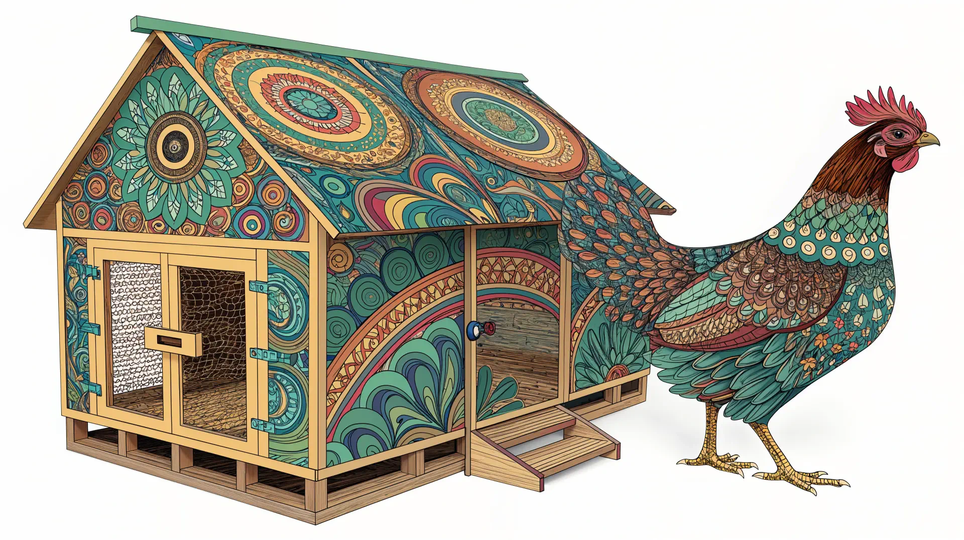 A vibrant and artistic chicken coop with intricate patterns, accompanied by a colorful chicken, captured in stunning 4K Ultra HD quality for a striking desktop wallpaper.