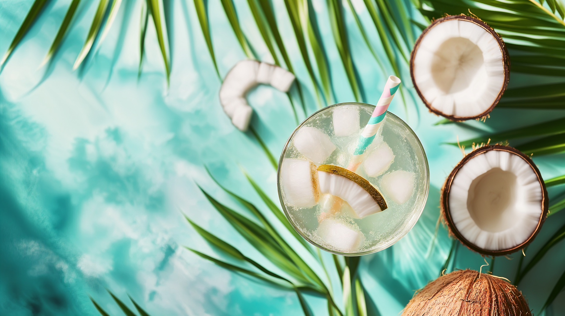 A vibrant 4K Ultra HD image showcasing refreshing coconut water in a glass with ice, adorned with a slice of lime, surrounded by coconut halves and lush green palm leaves.
