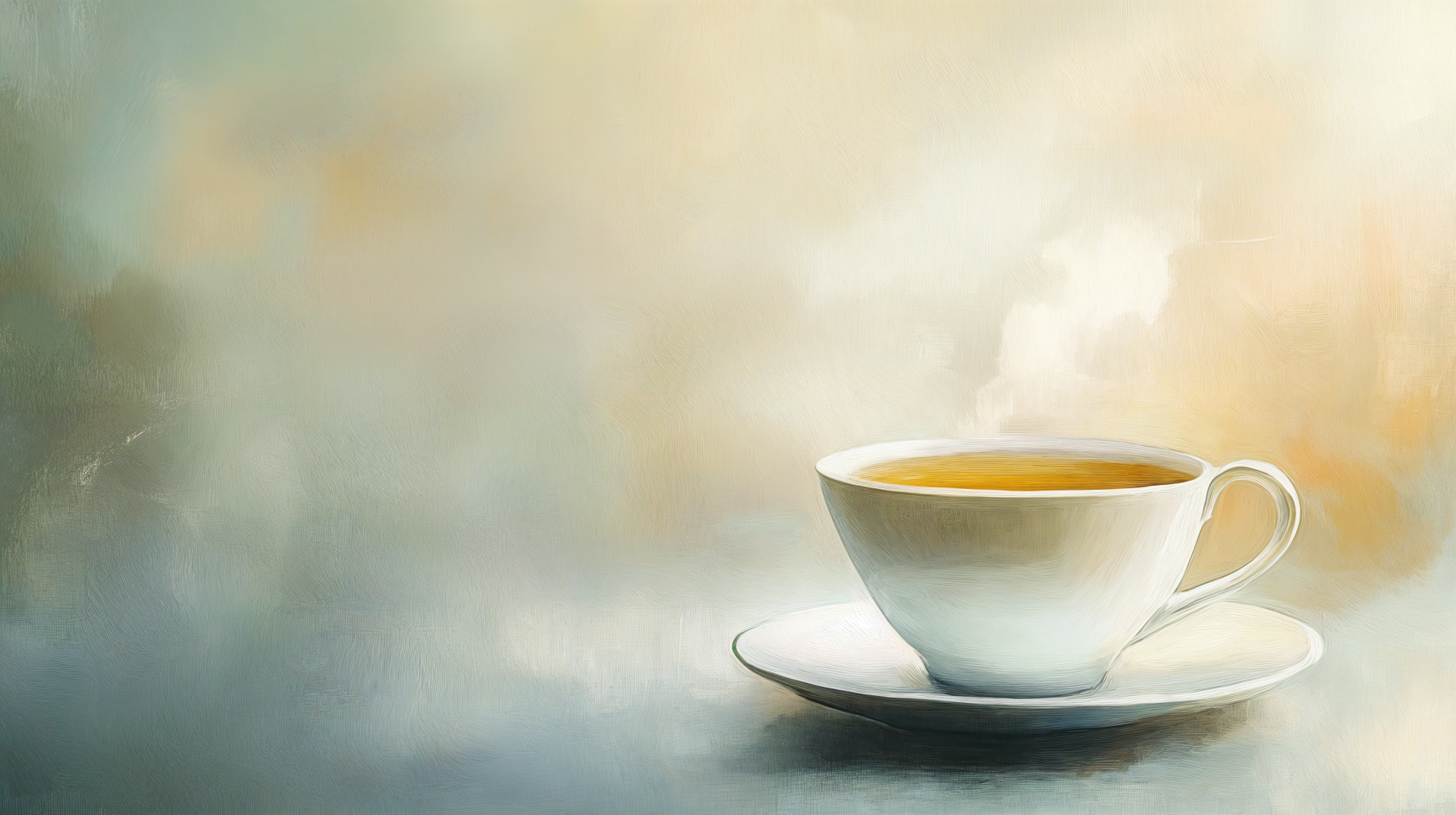A serene 4K Ultra HD wallpaper featuring a steaming cup of white tea on a saucer, set against a soft, blurred background.
