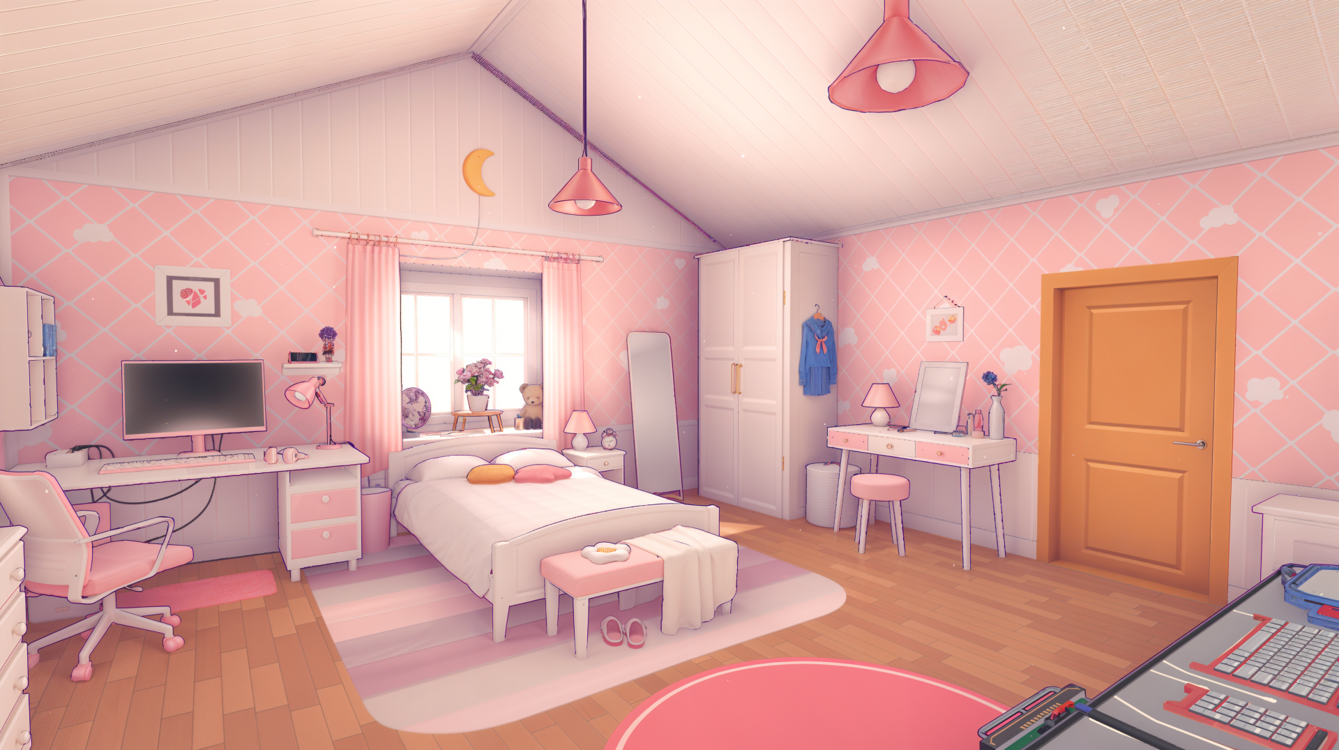 A cozy, pastel pink bedroom featuring a bed, desk, and computer setup, reflecting a whimsical video game aesthetic. This 4K Ultra HD wallpaper captures a cheerful and inviting atmosphere.